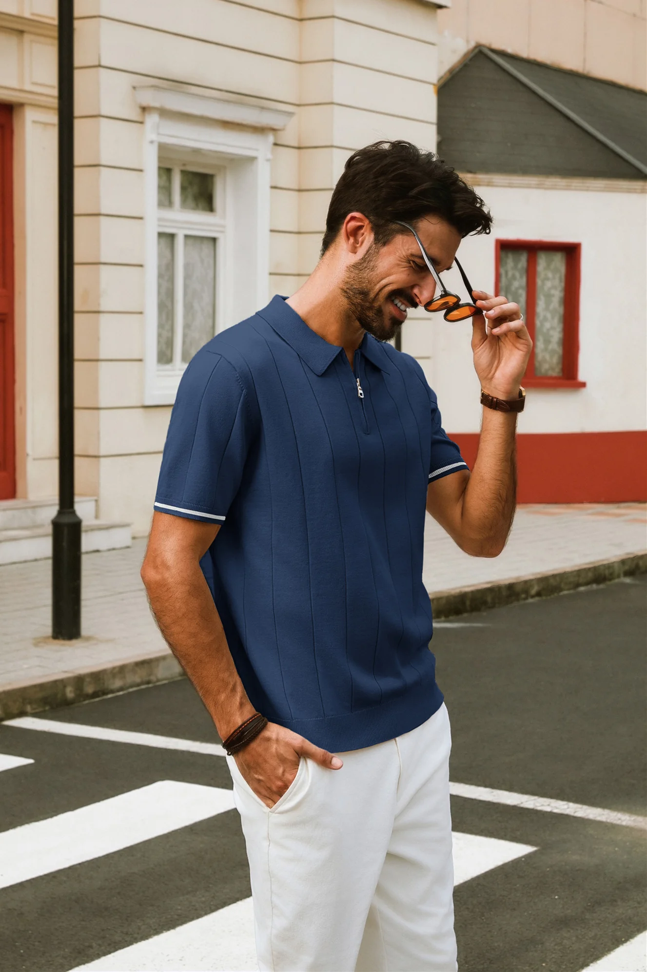 Men Textured Knitwear Short Sleeve Lapel Collar Zip-up Neck Knitted Tops - Image 19