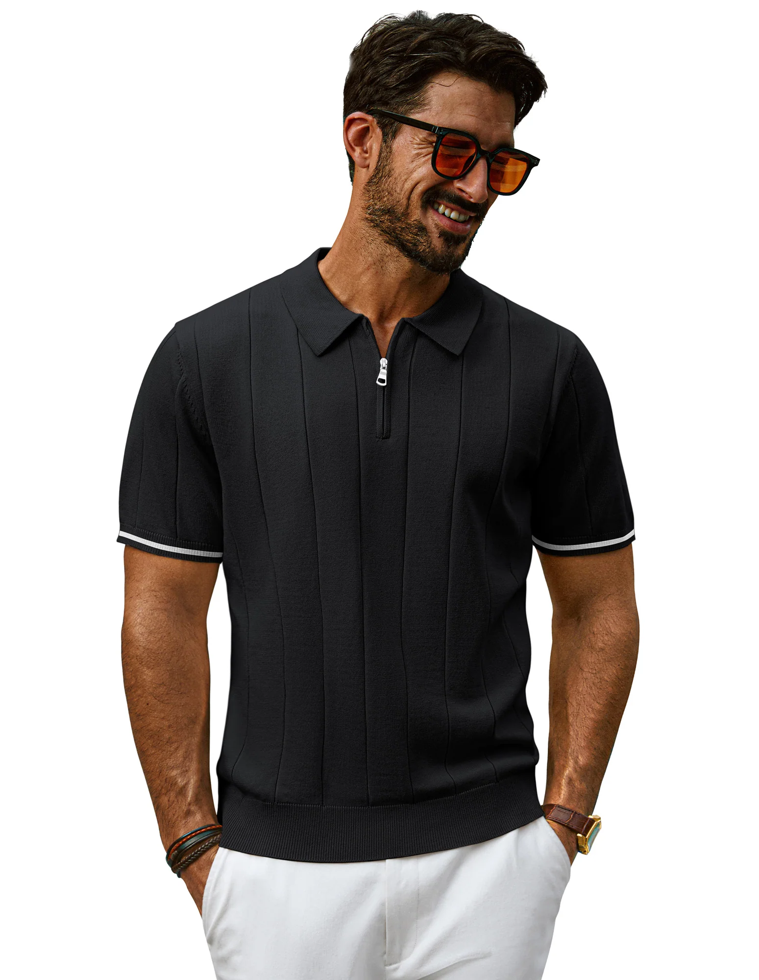 Men Textured Knitwear Short Sleeve Lapel Collar Zip-up Neck Knitted Tops - Image 3