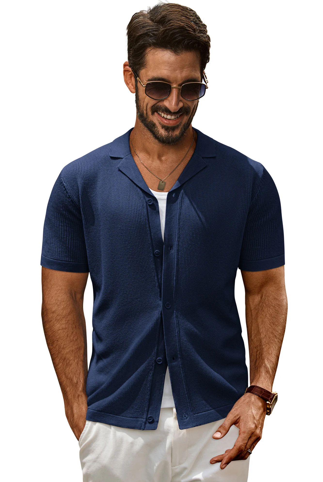 Men Textured Lapel Collar Cardigan Short Sleeve V-Neck Button-up Knitwear - Image 11