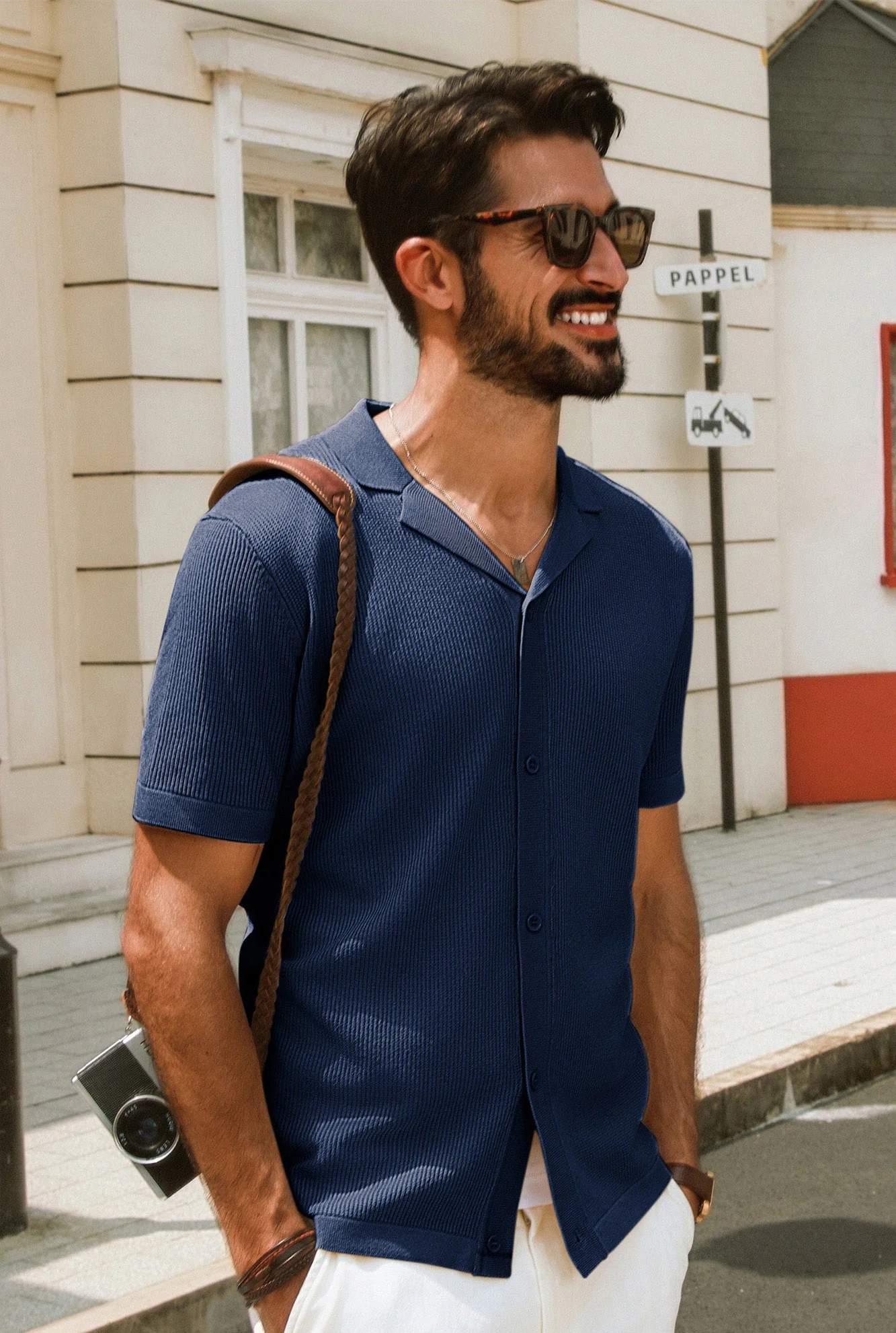 Men Textured Lapel Collar Cardigan Short Sleeve V-Neck Button-up Knitwear - Image 12