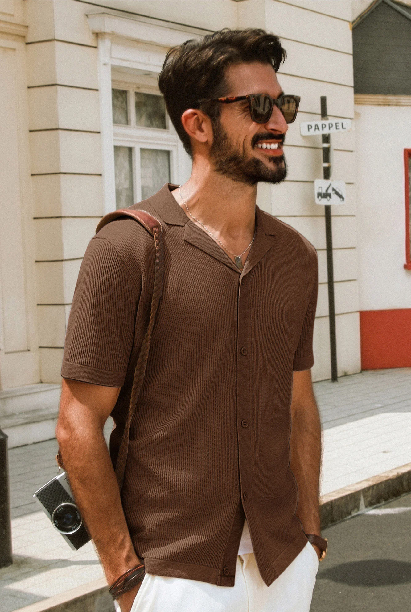 Men Textured Lapel Collar Cardigan Short Sleeve V-Neck Button-up Knitwear - Image 17