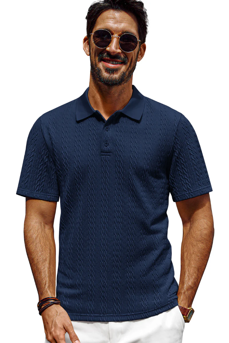 Men Textured Polo-Shirt Short Sleeve Lapel Collar Button-up Neck Tops - Image 10