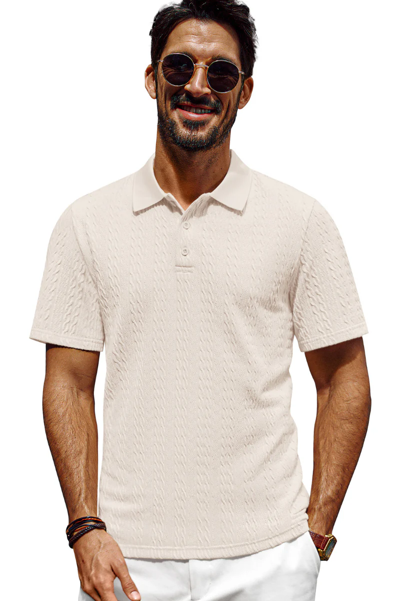 Men Textured Polo-Shirt Short Sleeve Lapel Collar Button-up Neck Tops - Image 3