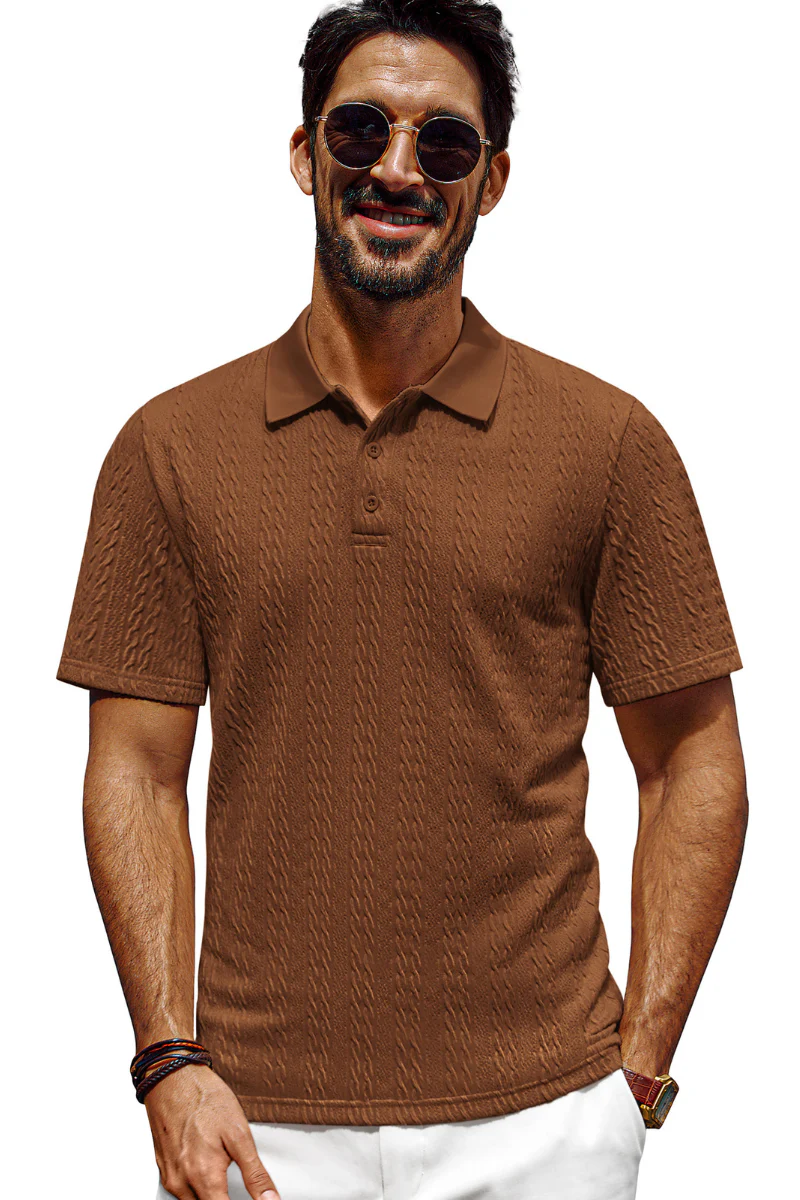 Men Textured Polo-Shirt Short Sleeve Lapel Collar Button-up Neck Tops - Image 4