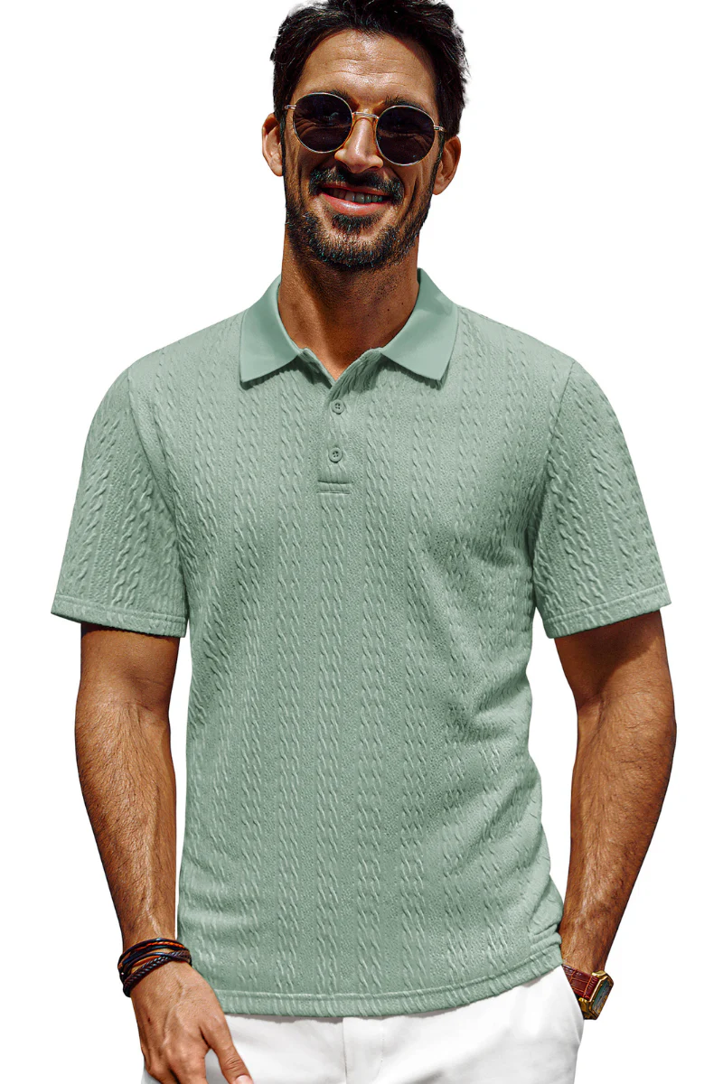 Men Textured Polo-Shirt Short Sleeve Lapel Collar Button-up Neck Tops - Image 5