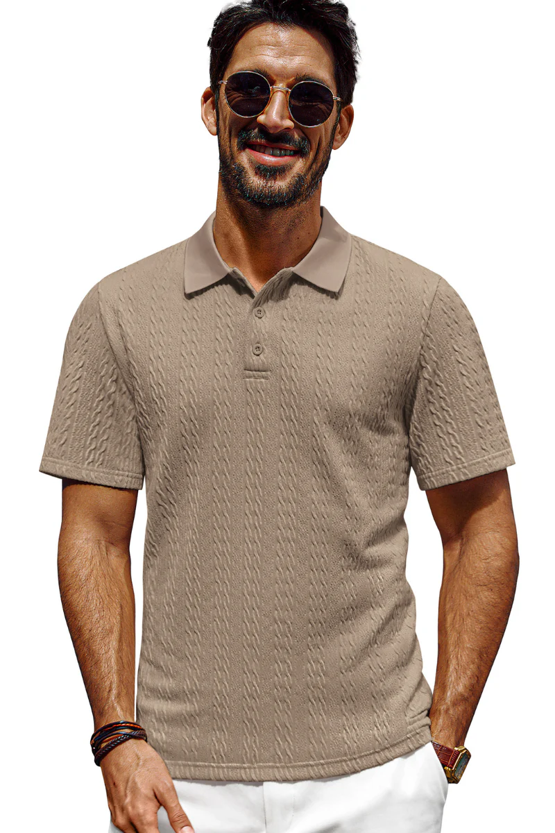 Men Textured Polo-Shirt Short Sleeve Lapel Collar Button-up Neck Tops - Image 6