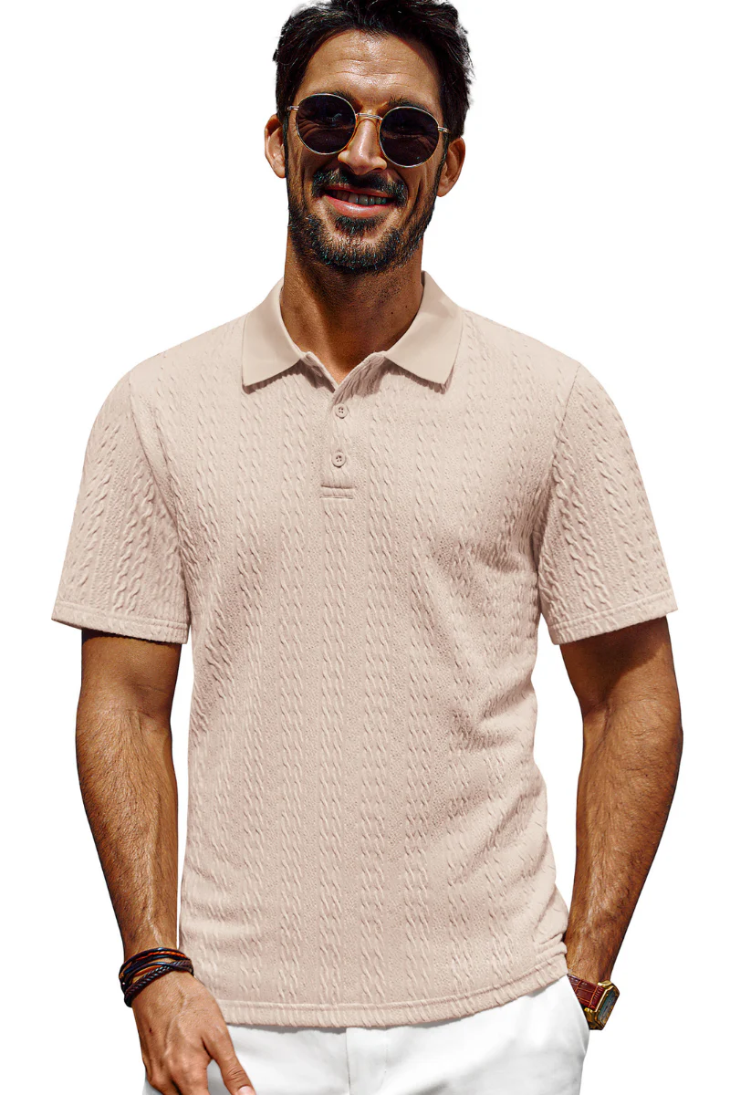 Men Textured Polo-Shirt Short Sleeve Lapel Collar Button-up Neck Tops - Image 7
