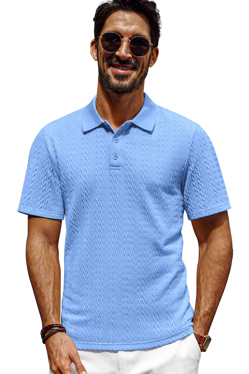 Men Textured Polo-Shirt Short Sleeve Lapel Collar Button-up Neck Tops - Image 8