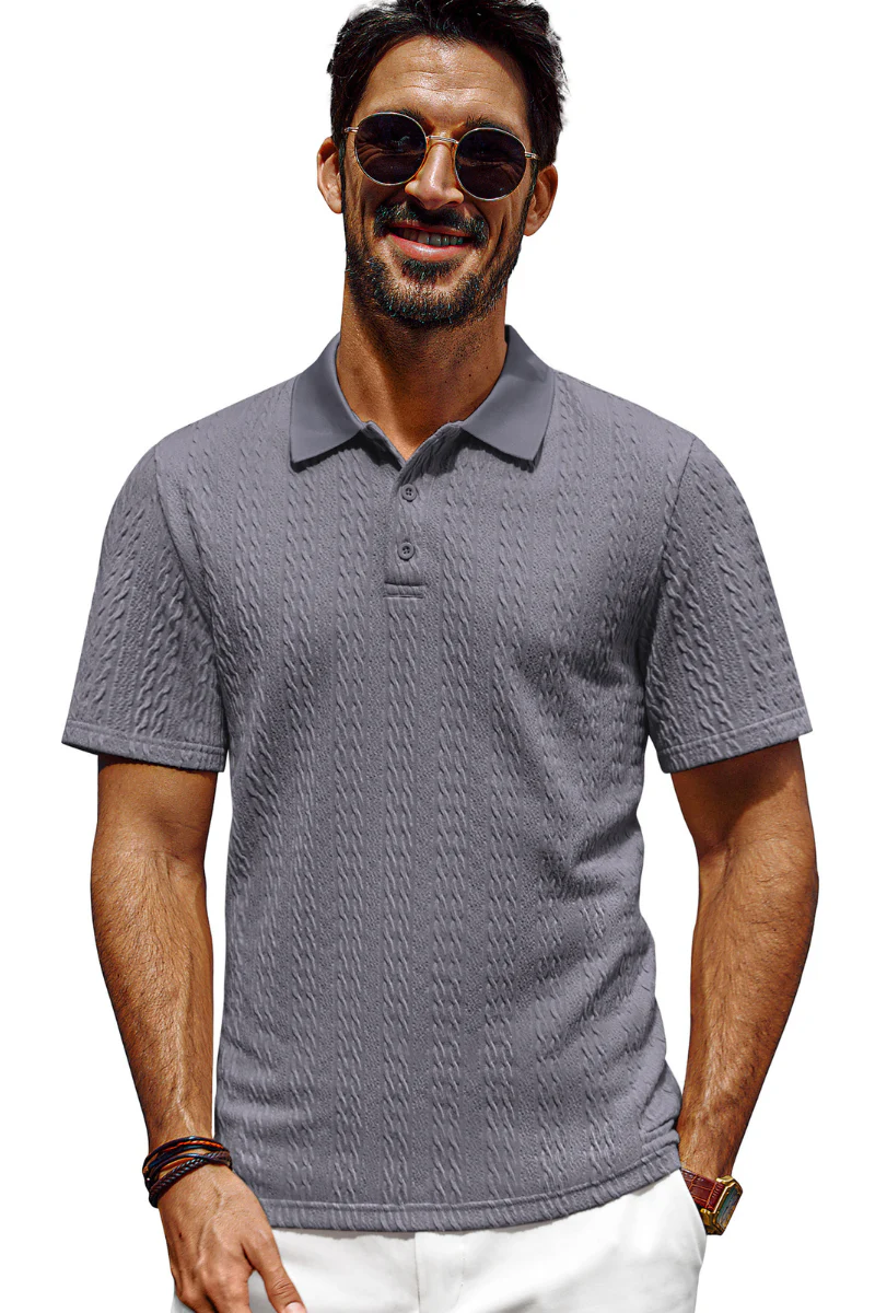 Men Textured Polo-Shirt Short Sleeve Lapel Collar Button-up Neck Tops - Image 9