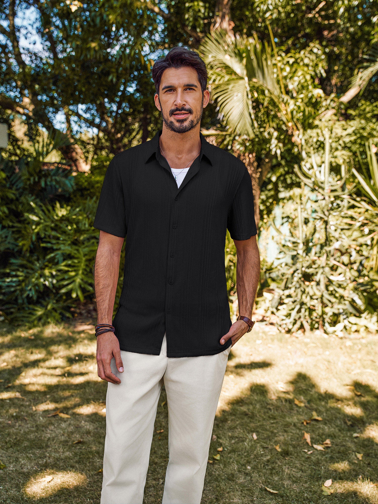 Men Textured Shirt Short Sleeve Classic Collar Flat Hem Button-up Tops - Image 10
