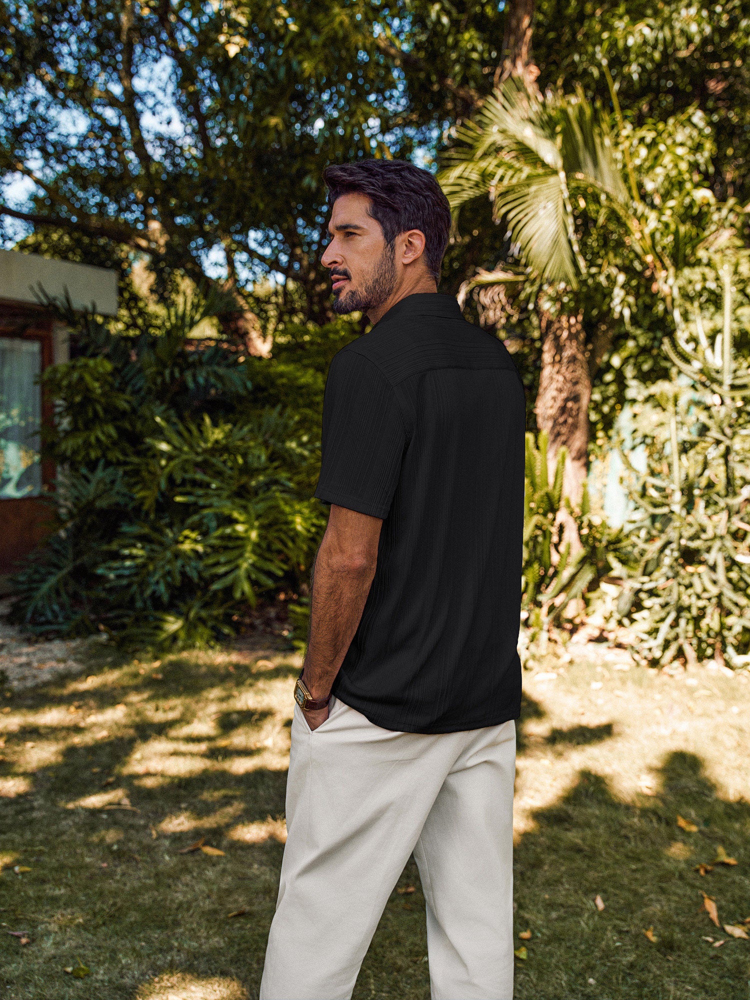Men Textured Shirt Short Sleeve Classic Collar Flat Hem Button-up Tops - Image 11