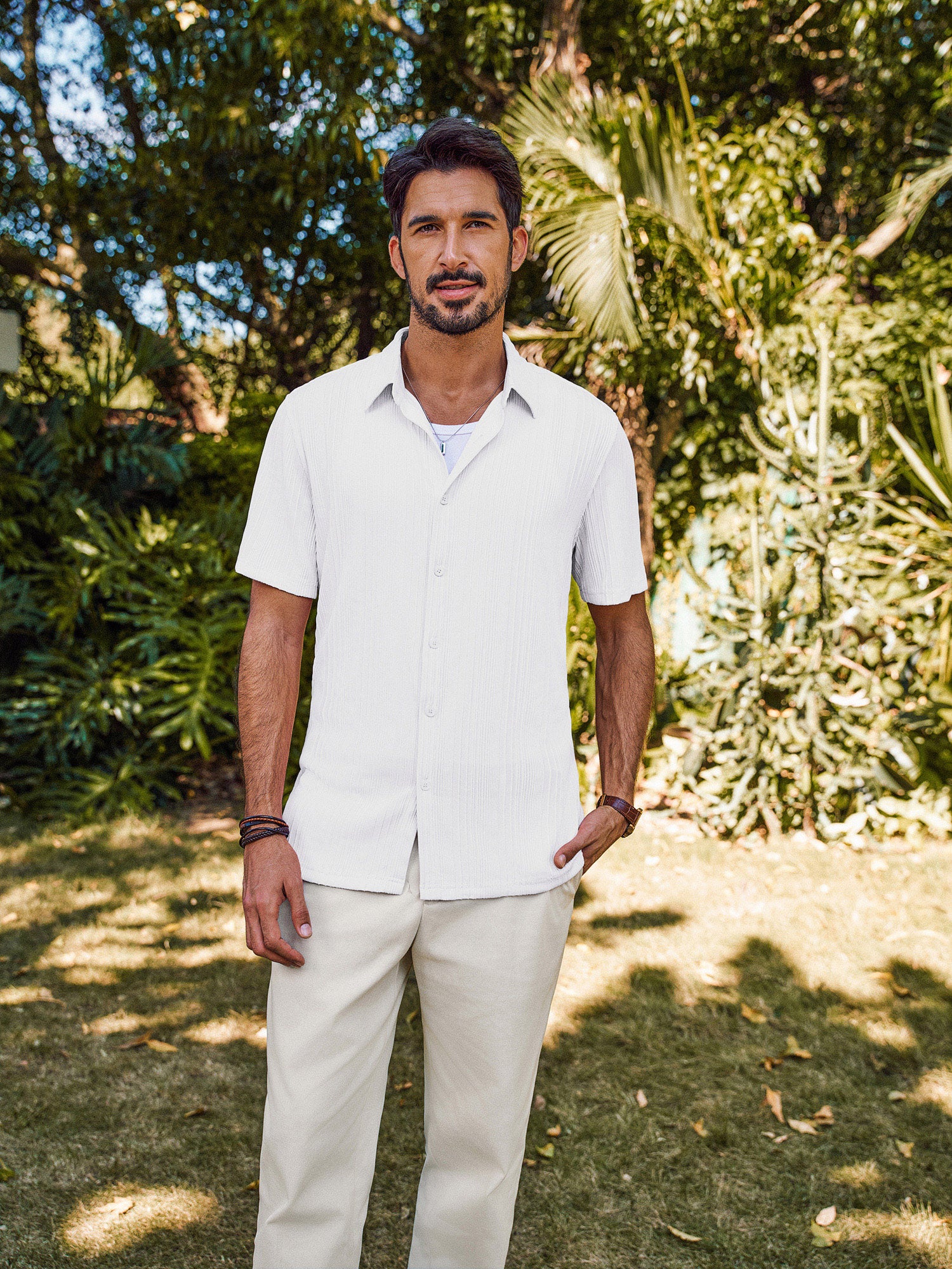 Men Textured Shirt Short Sleeve Classic Collar Flat Hem Button-up Tops - Image 18