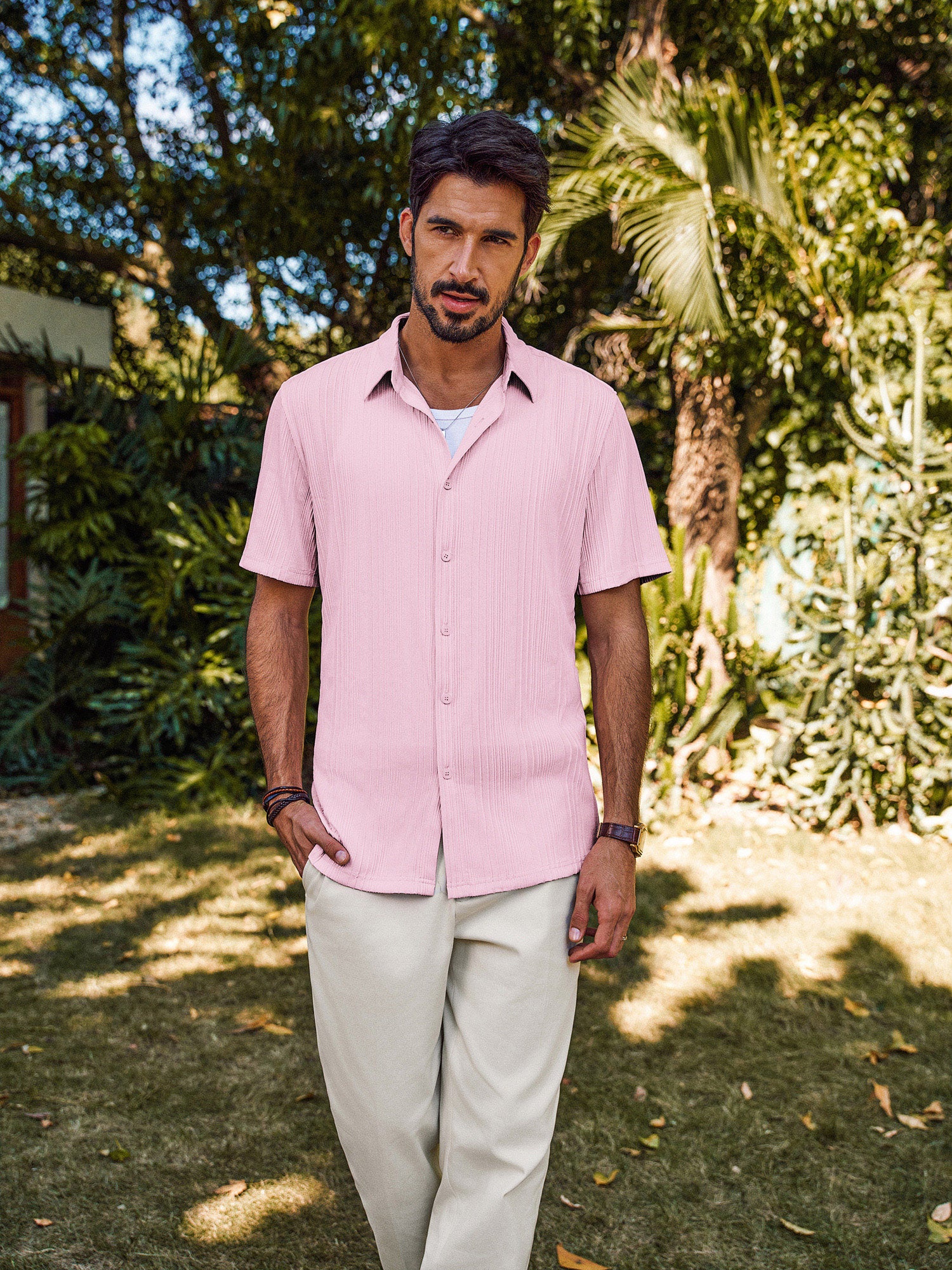 Men Textured Shirt Short Sleeve Classic Collar Flat Hem Button-up Tops - Image 26