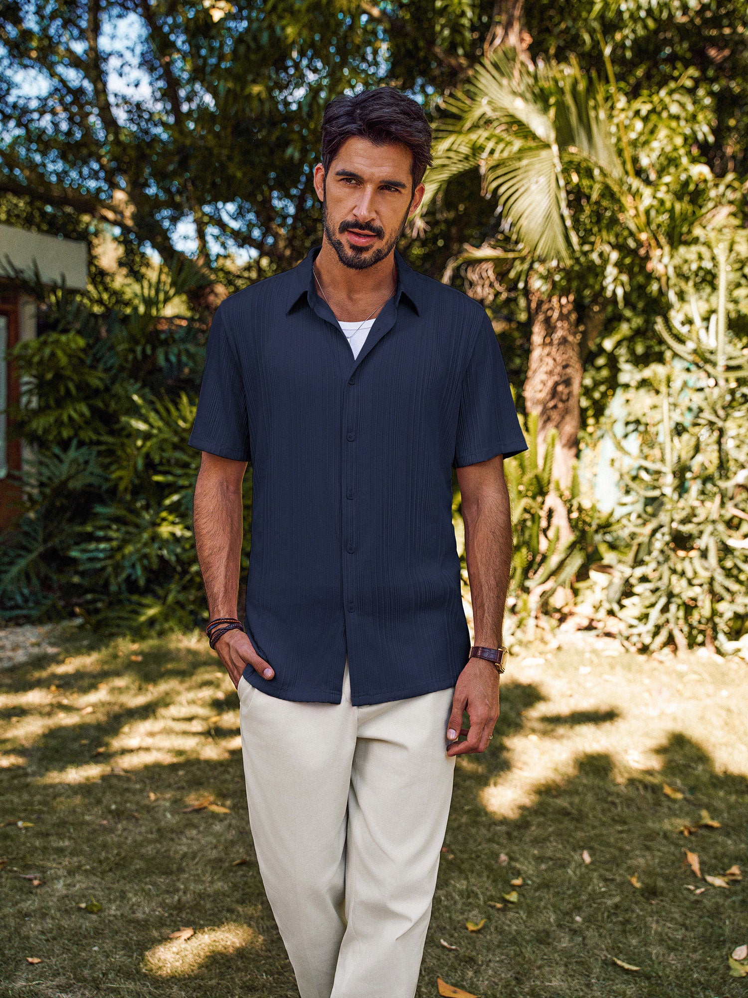 Men Textured Shirt Short Sleeve Classic Collar Flat Hem Button-up Tops - Image 4