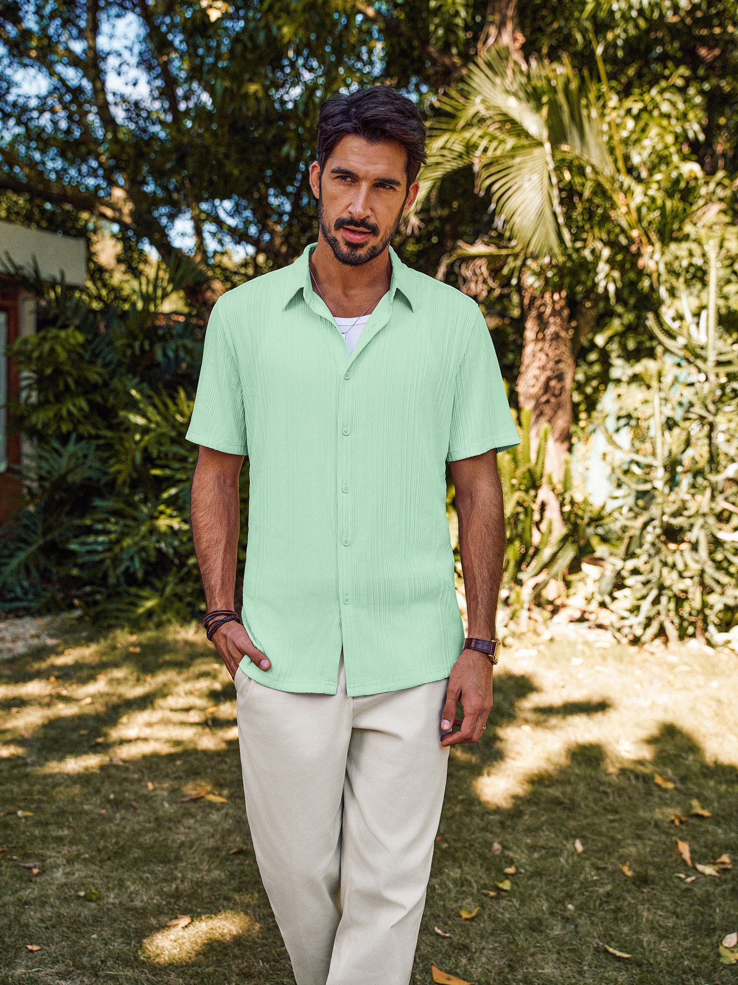 Men Textured Shirt Short Sleeve Classic Collar Flat Hem Button-up Tops - Image 43