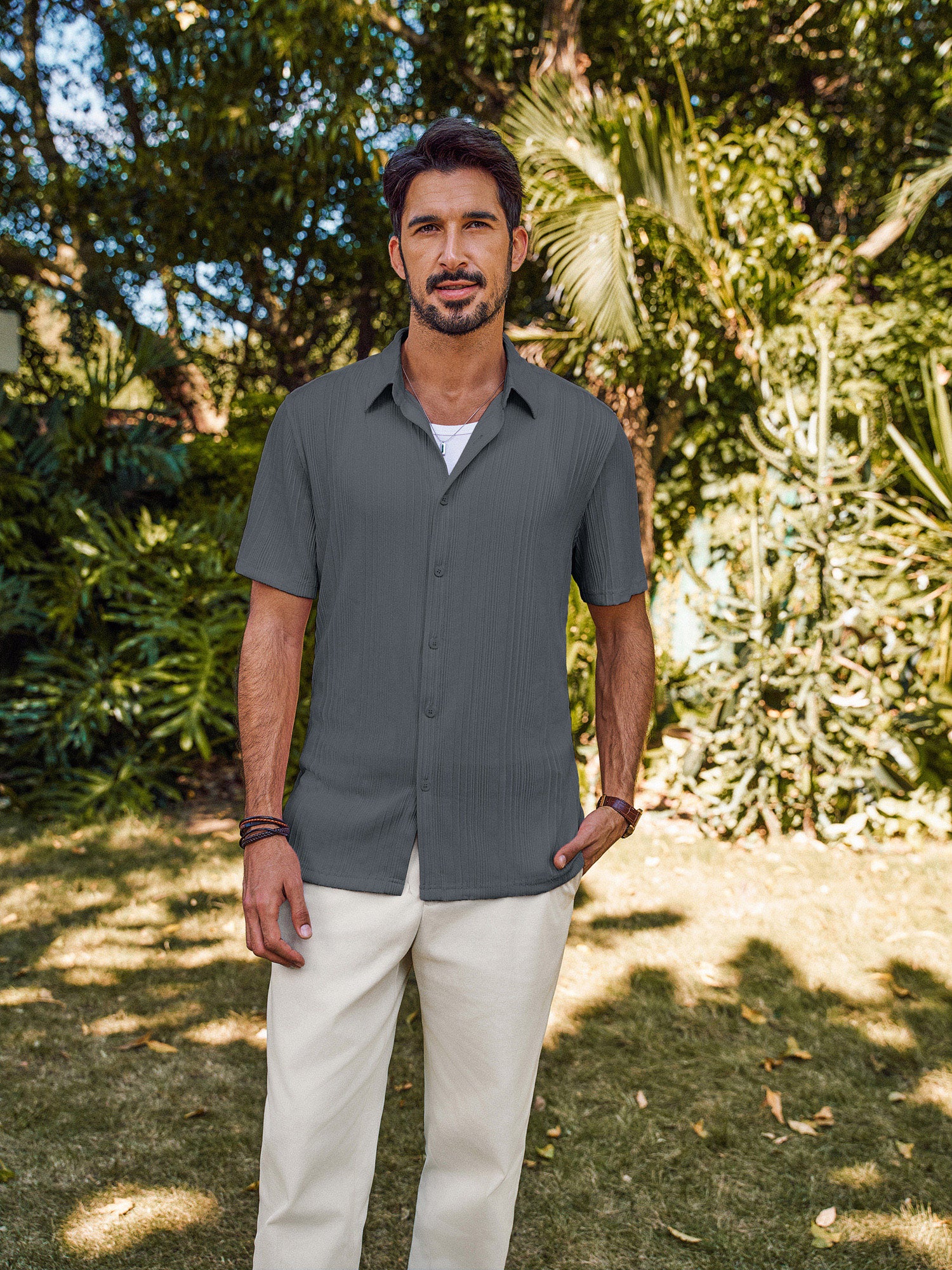 Men Textured Shirt Short Sleeve Classic Collar Flat Hem Button-up Tops - Image 48