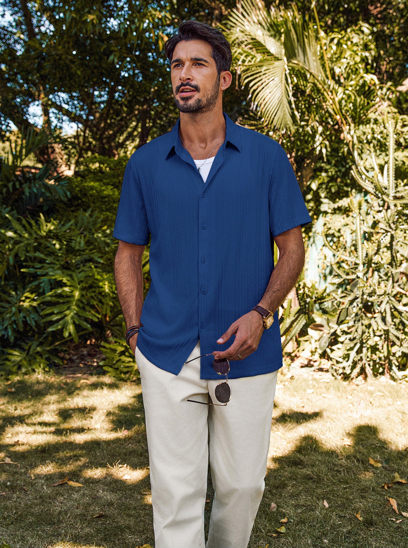 Men Textured Shirt Short Sleeve Classic Collar Flat Hem Button-up Tops - Image 53