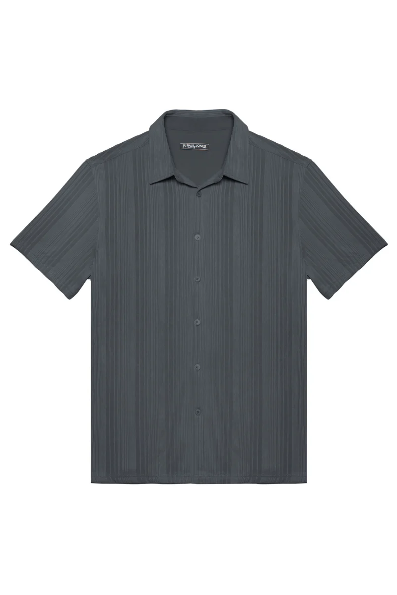 Men Textured Shirt Short Sleeve Classic Collar Flat Hem Button-up Tops - Image 57