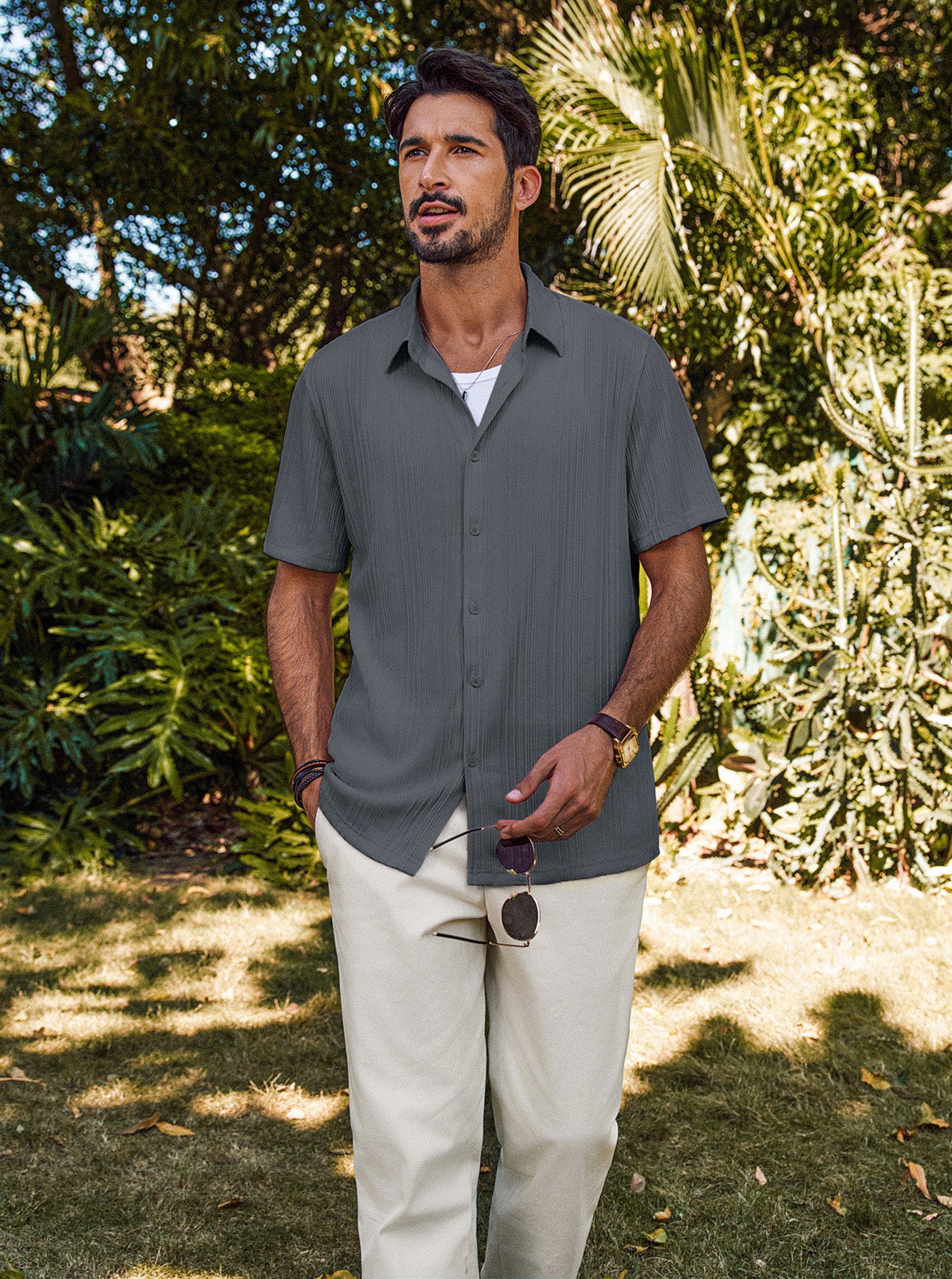 Men Textured Shirt Short Sleeve Classic Collar Flat Hem Button-up Tops - Image 58