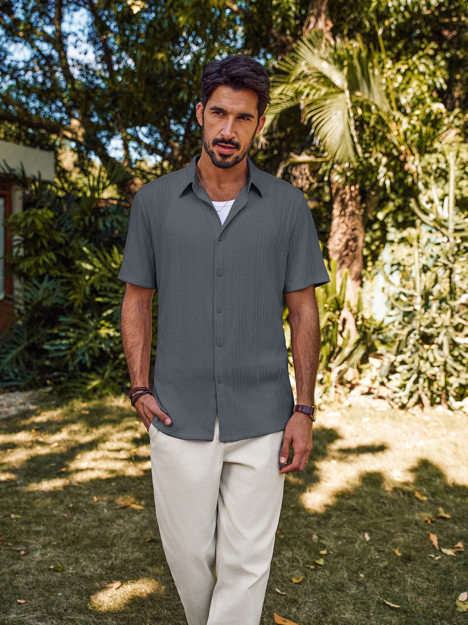 Men Textured Shirt Short Sleeve Classic Collar Flat Hem Button-up Tops - Image 59