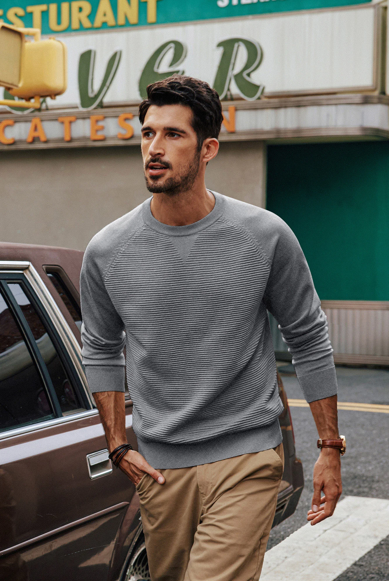 Men Textured Sweater Long Raglan Sleeve Crew Neck Ribbed Cuff Knitwear - Image 14