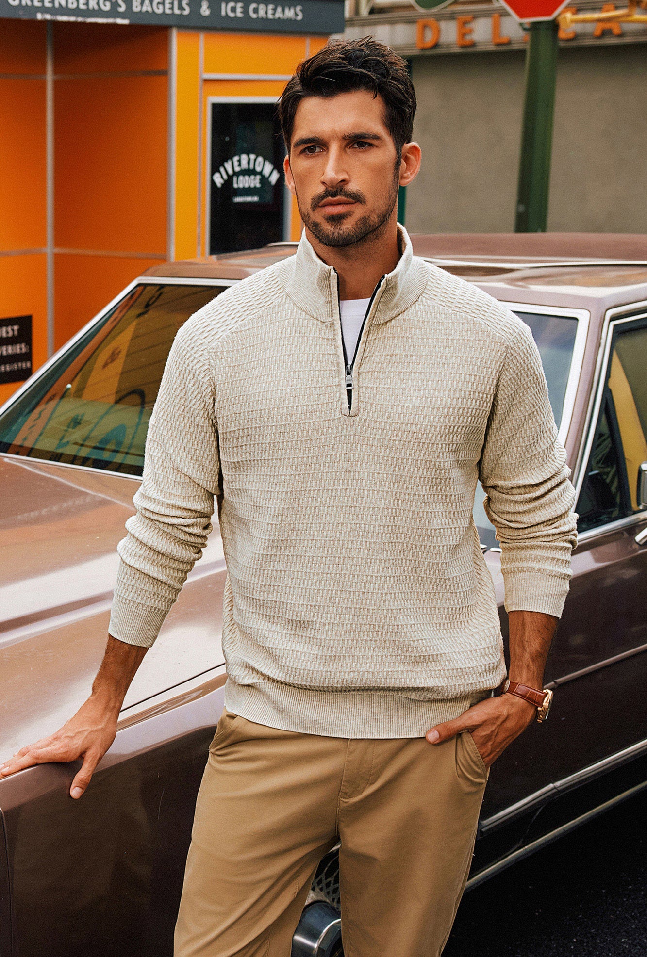 Men Textured Sweater Long Raglan Sleeve Stand Collar Ribbed Cuff Pullover - Image 15