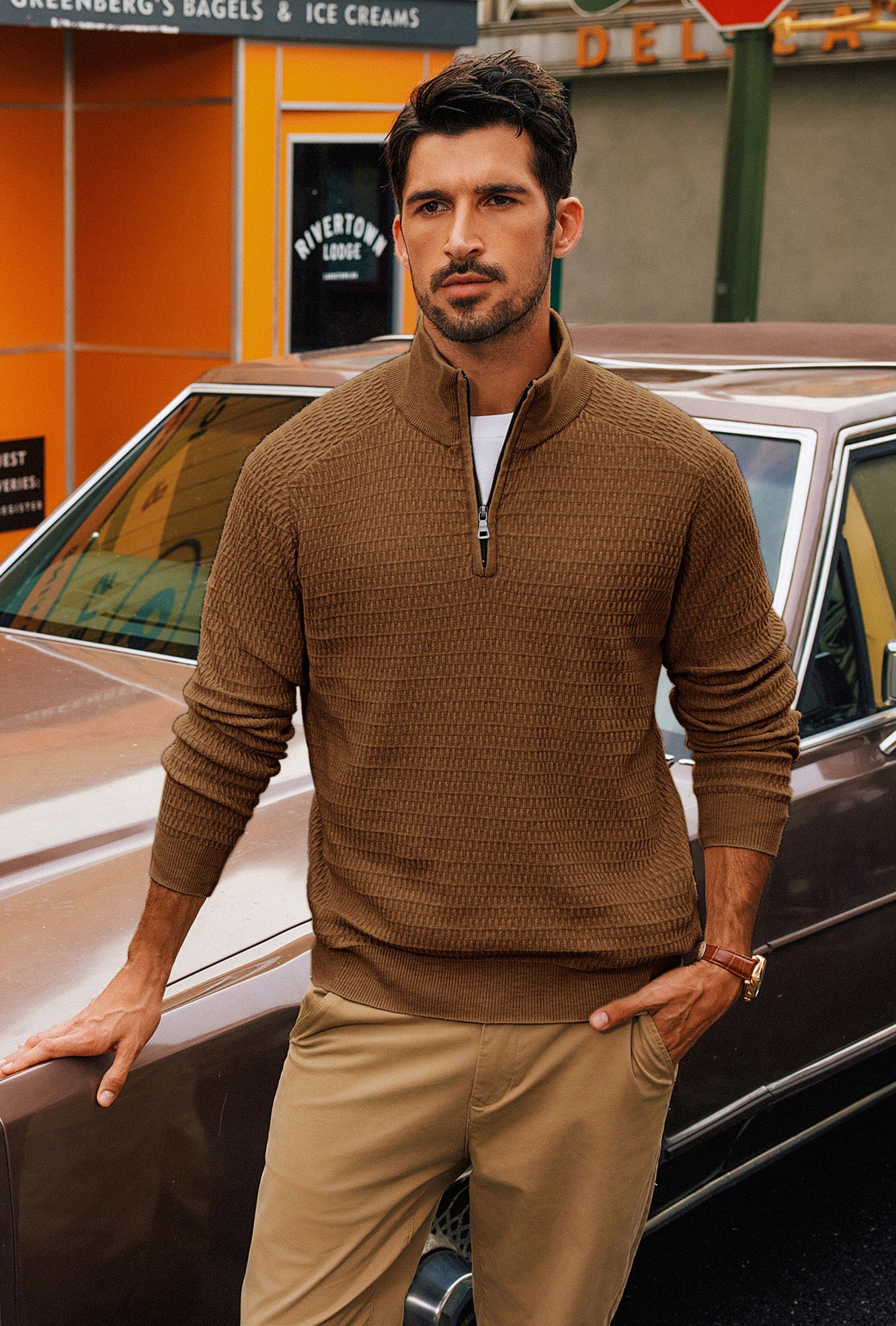 Men Textured Sweater Long Raglan Sleeve Stand Collar Ribbed Cuff Pullover - Image 16