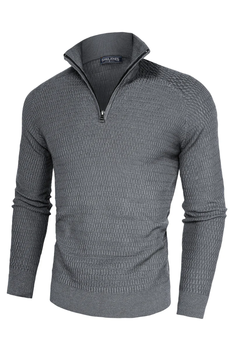 Men Textured Sweater Long Raglan Sleeve Stand Collar Ribbed Cuff Pullover - Image 17