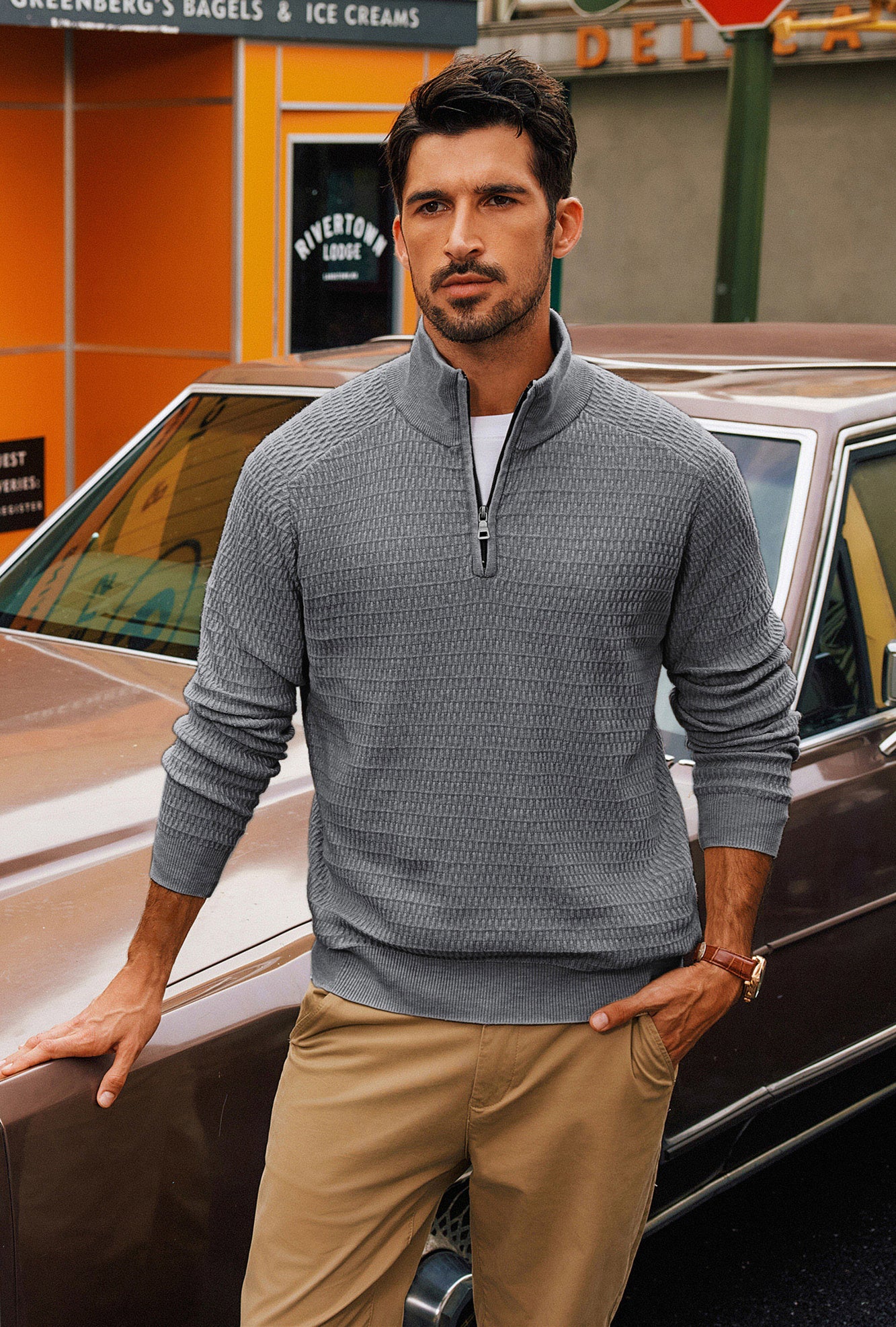 Men Textured Sweater Long Raglan Sleeve Stand Collar Ribbed Cuff Pullover - Image 19