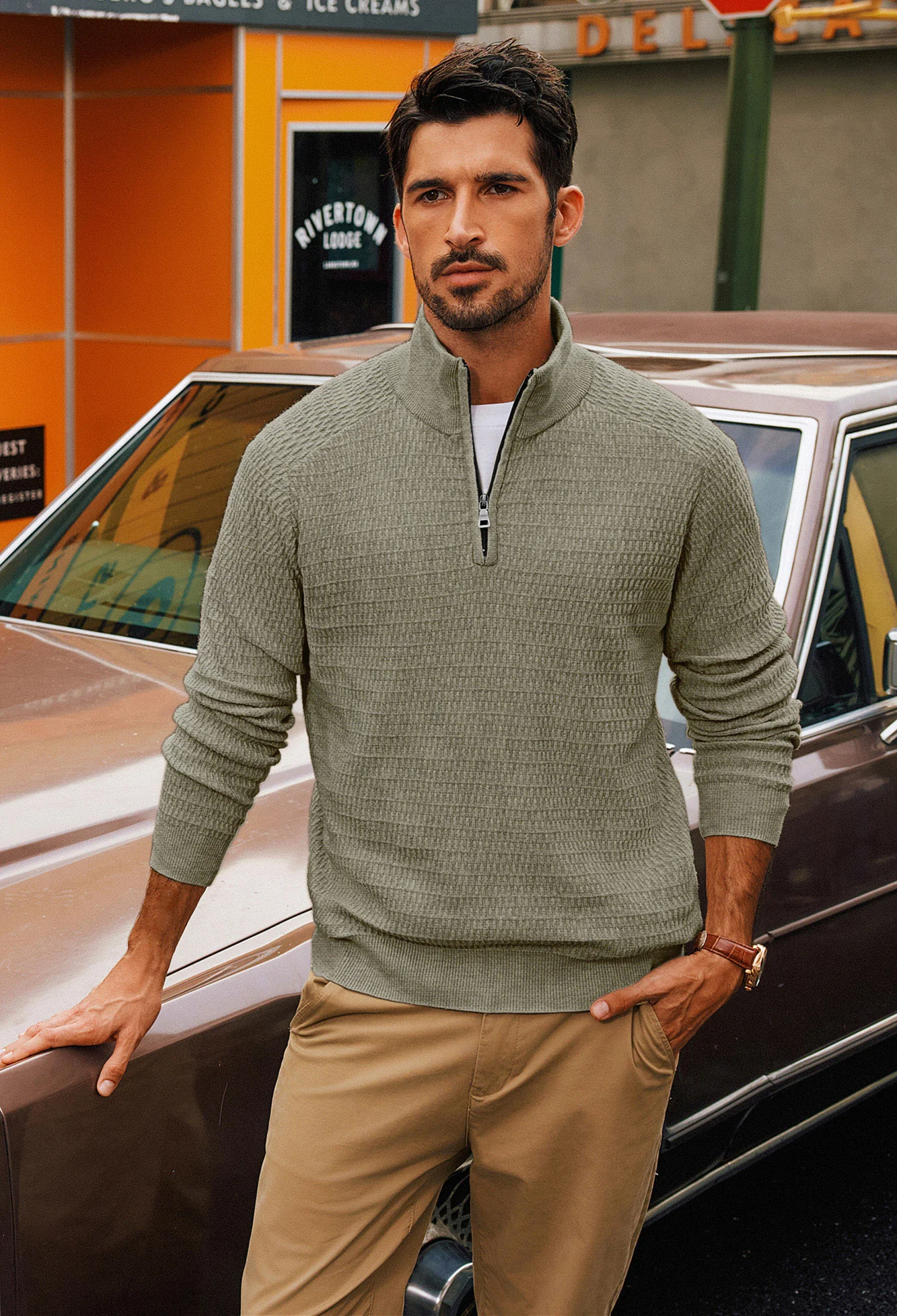Men Textured Sweater Long Raglan Sleeve Stand Collar Ribbed Cuff Pullover - Image 22