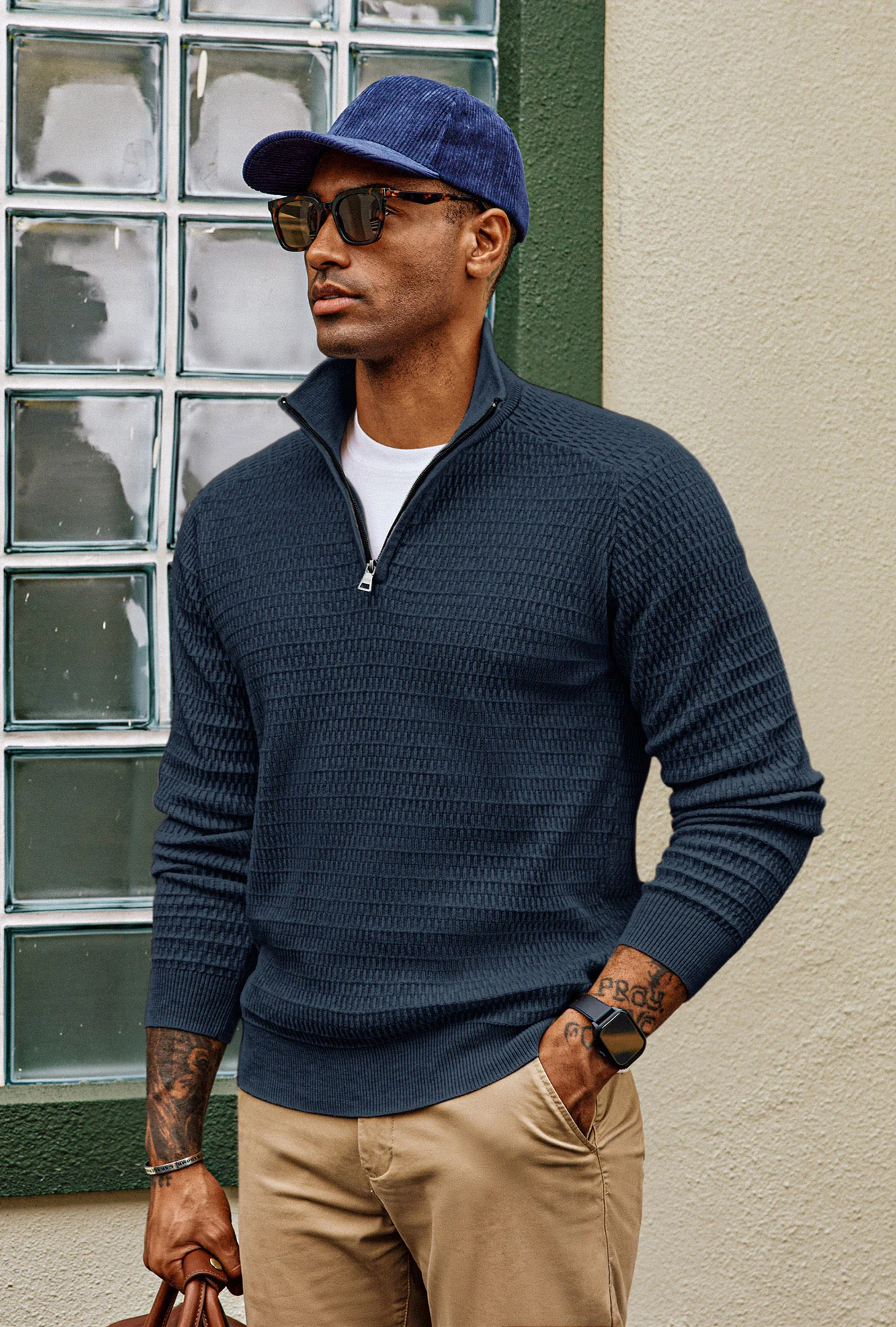 Men Textured Sweater Long Raglan Sleeve Stand Collar Ribbed Cuff Pullover - Image 24