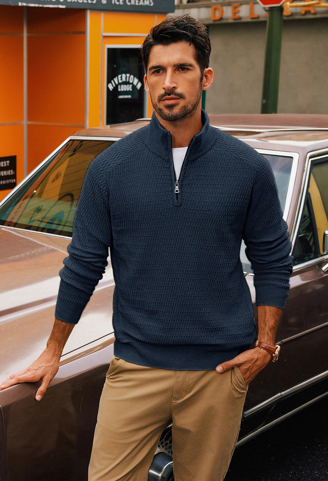 Men Textured Sweater Long Raglan Sleeve Stand Collar Ribbed Cuff Pullover - Image 25