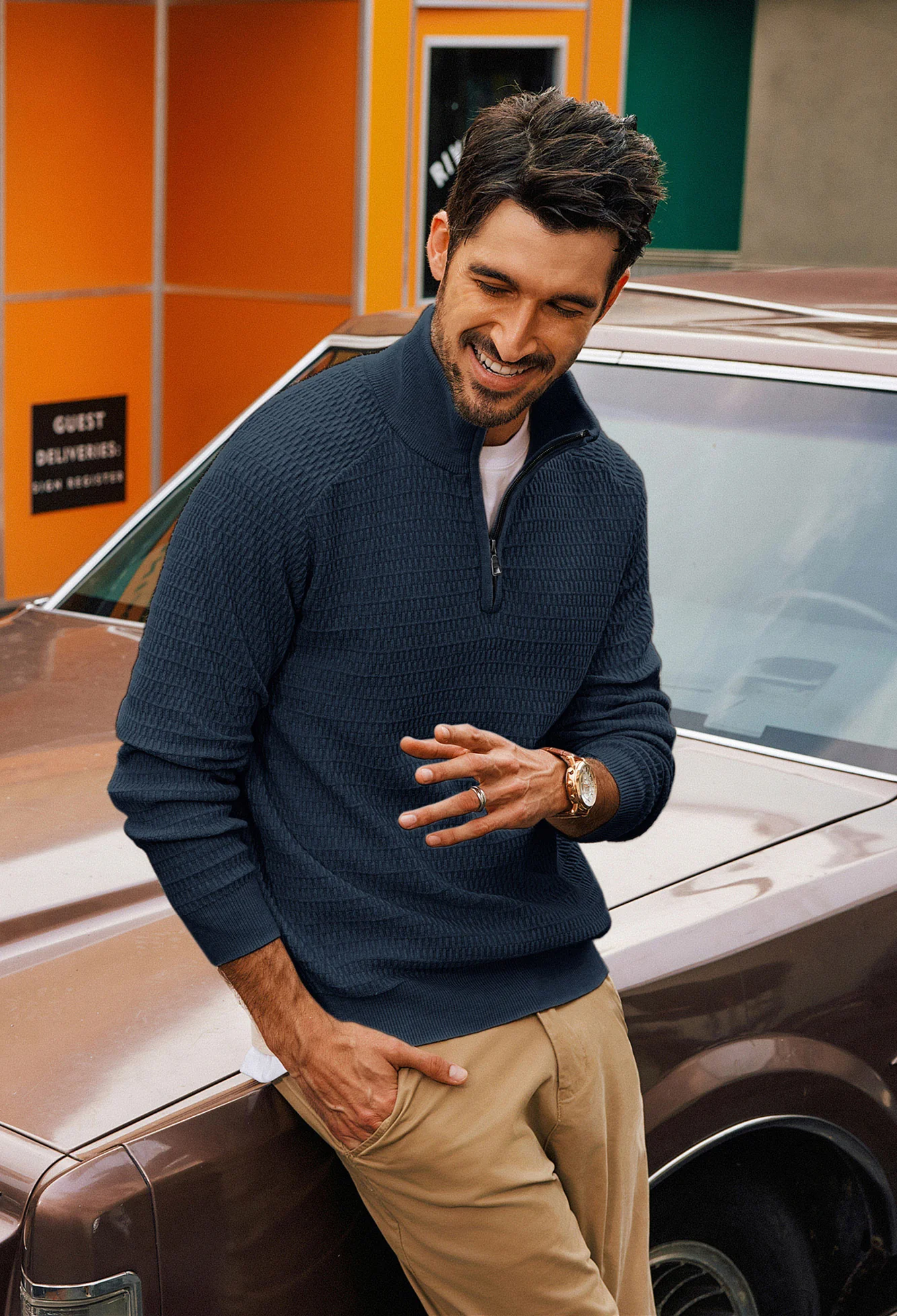 Men Textured Sweater Long Raglan Sleeve Stand Collar Ribbed Cuff Pullover - Image 26