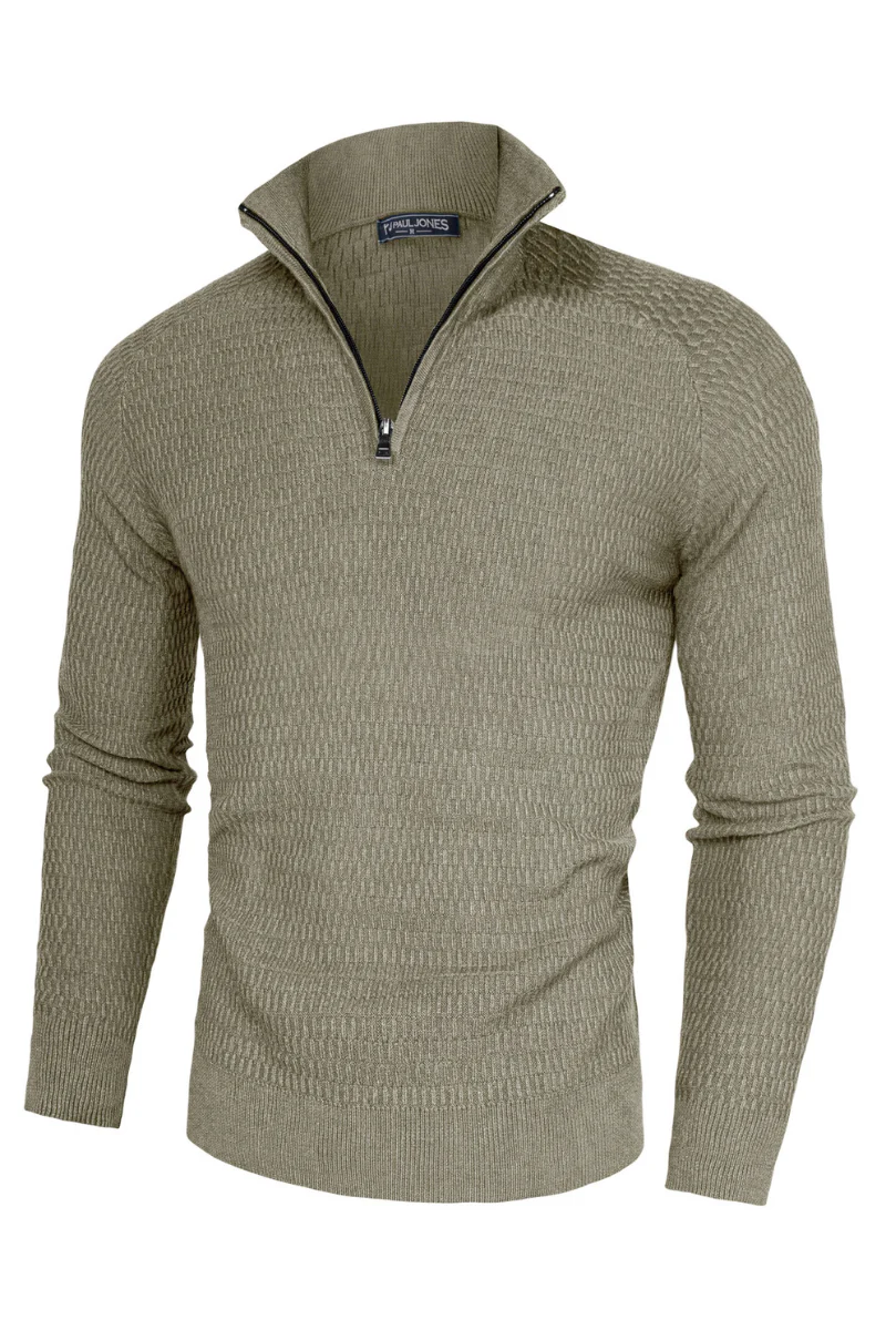 Men Textured Sweater Long Raglan Sleeve Stand Collar Ribbed Cuff Pullover - Image 27