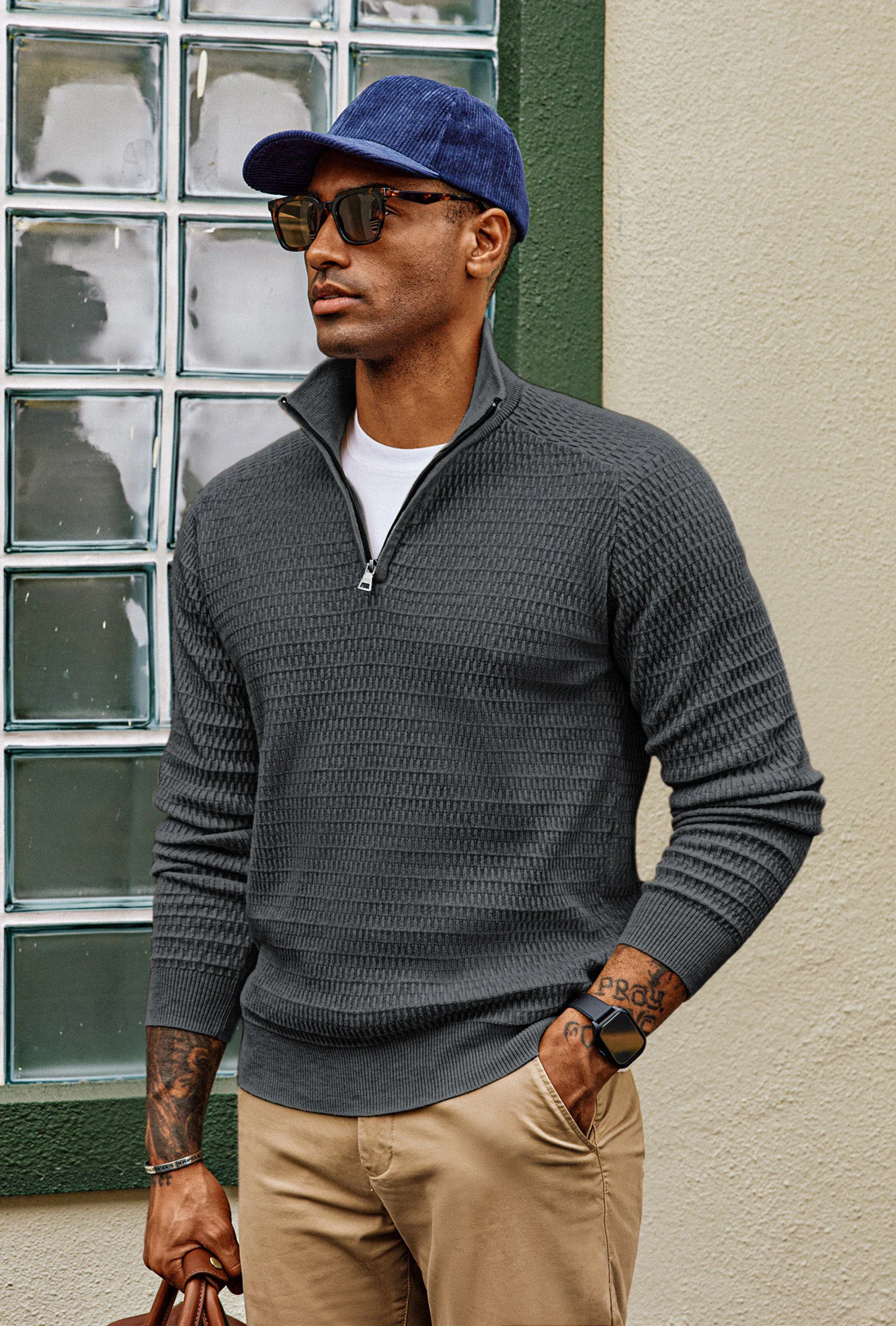 Men Textured Sweater Long Raglan Sleeve Stand Collar Ribbed Cuff Pullover - Image 28