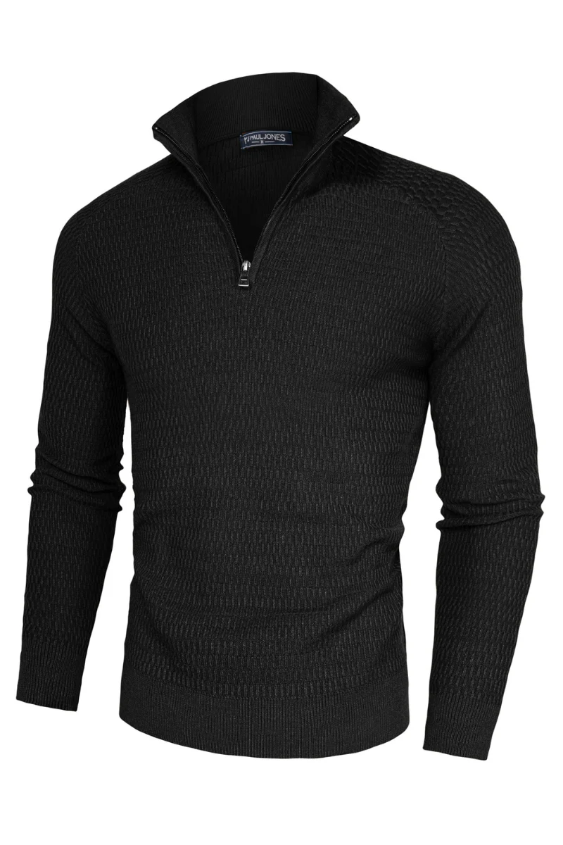 Men Textured Sweater Long Raglan Sleeve Stand Collar Ribbed Cuff Pullover - Image 3