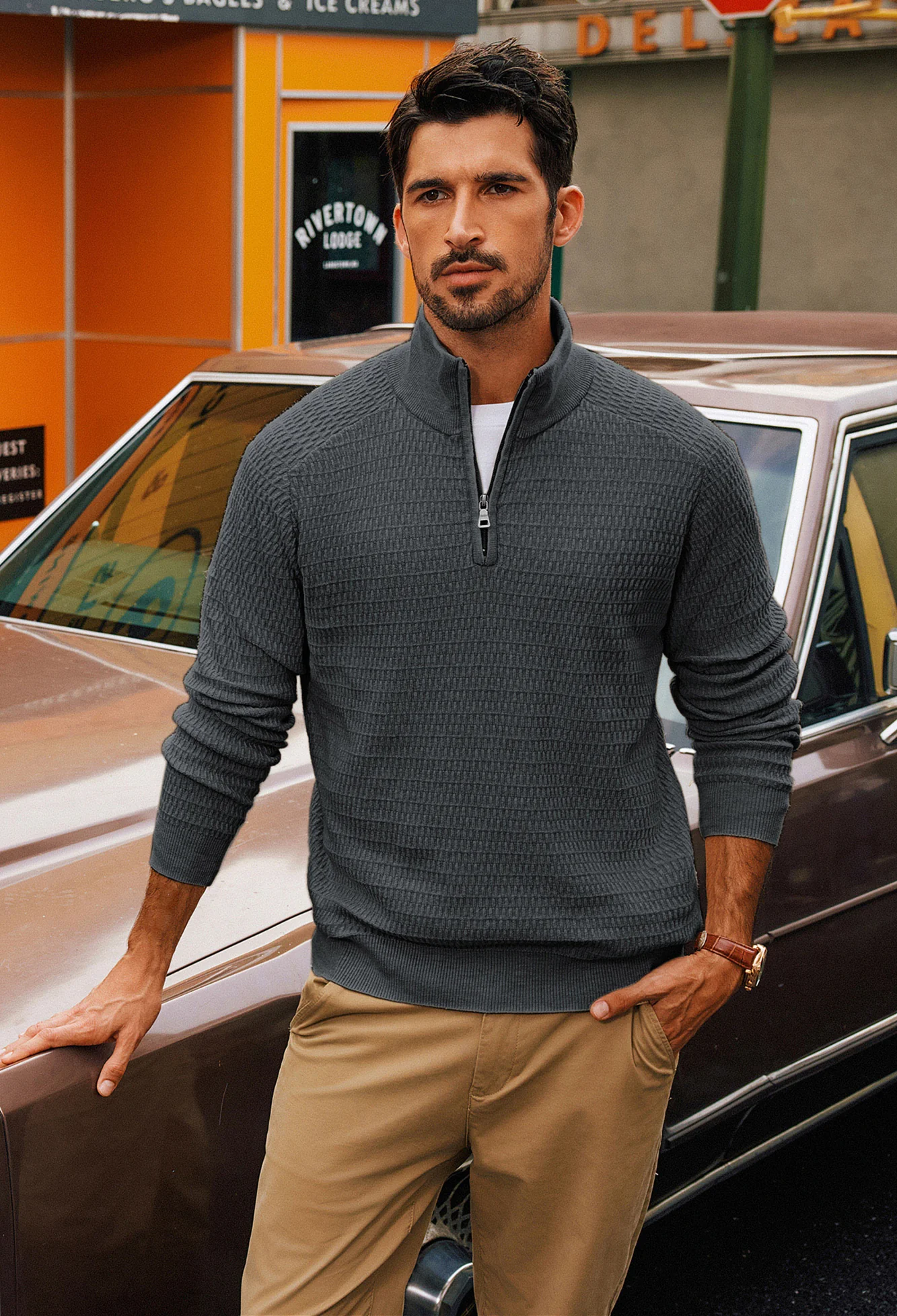 Men Textured Sweater Long Raglan Sleeve Stand Collar Ribbed Cuff Pullover - Image 31