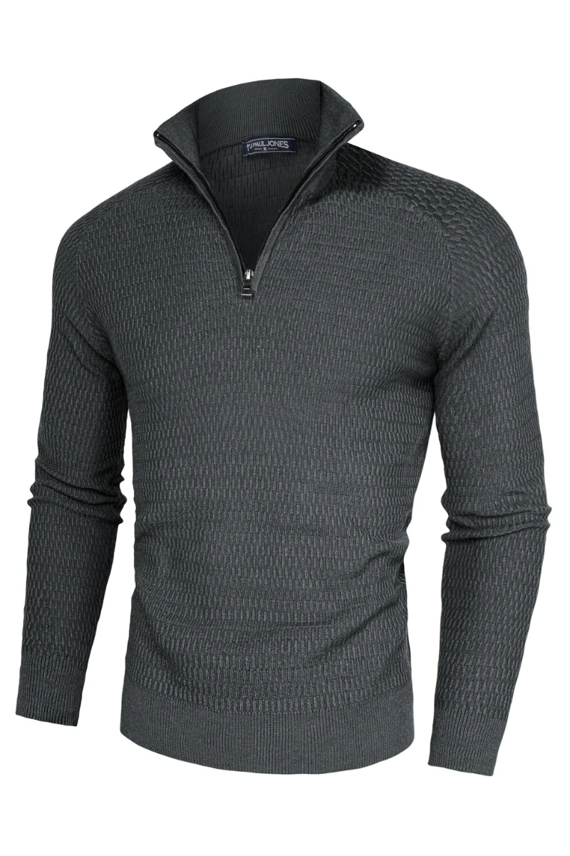 Men Textured Sweater Long Raglan Sleeve Stand Collar Ribbed Cuff Pullover - Image 33