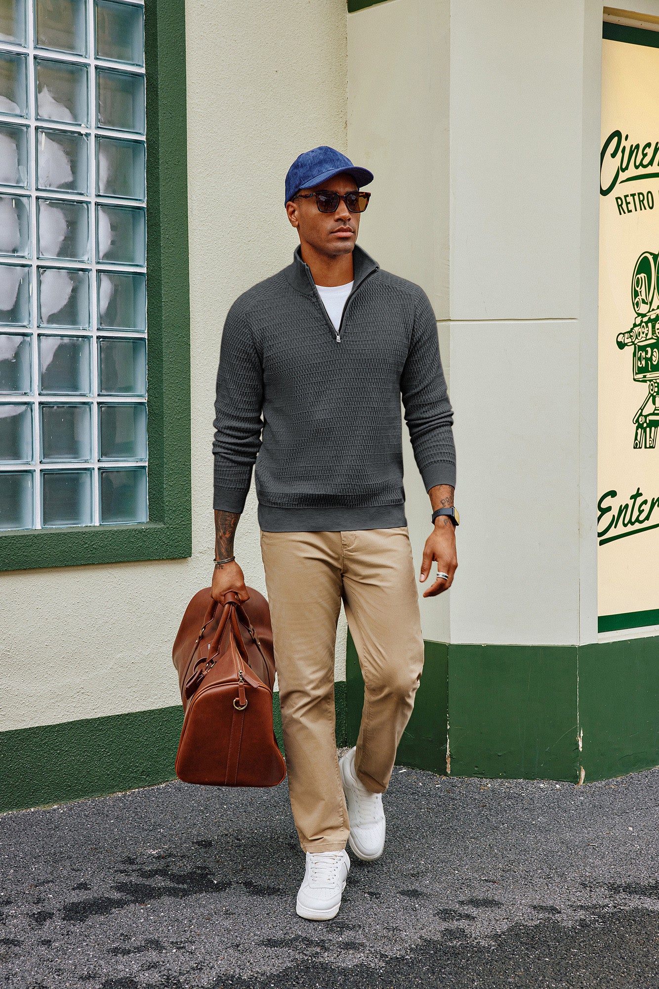 Men Textured Sweater Long Raglan Sleeve Stand Collar Ribbed Cuff Pullover - Image 35