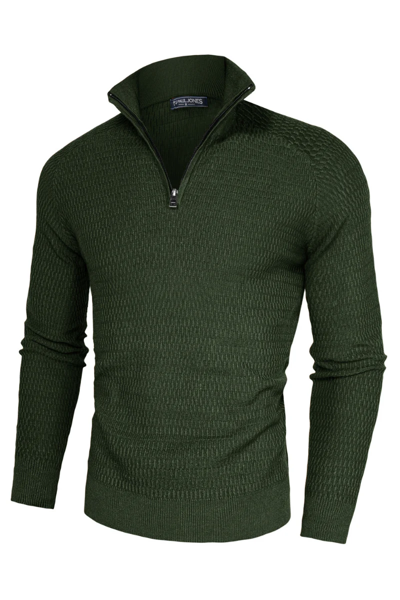 Men Textured Sweater Long Raglan Sleeve Stand Collar Ribbed Cuff Pullover - Image 36