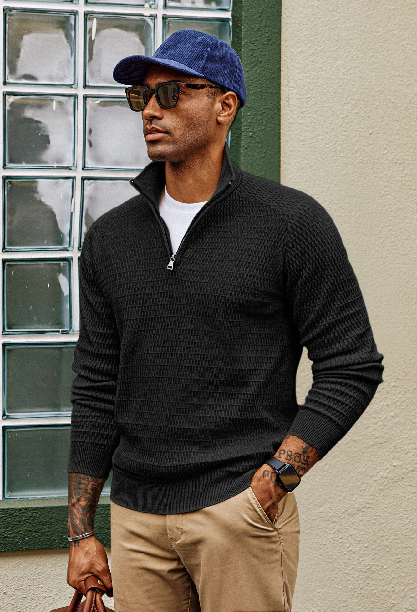 Men Textured Sweater Long Raglan Sleeve Stand Collar Ribbed Cuff Pullover - Image 4