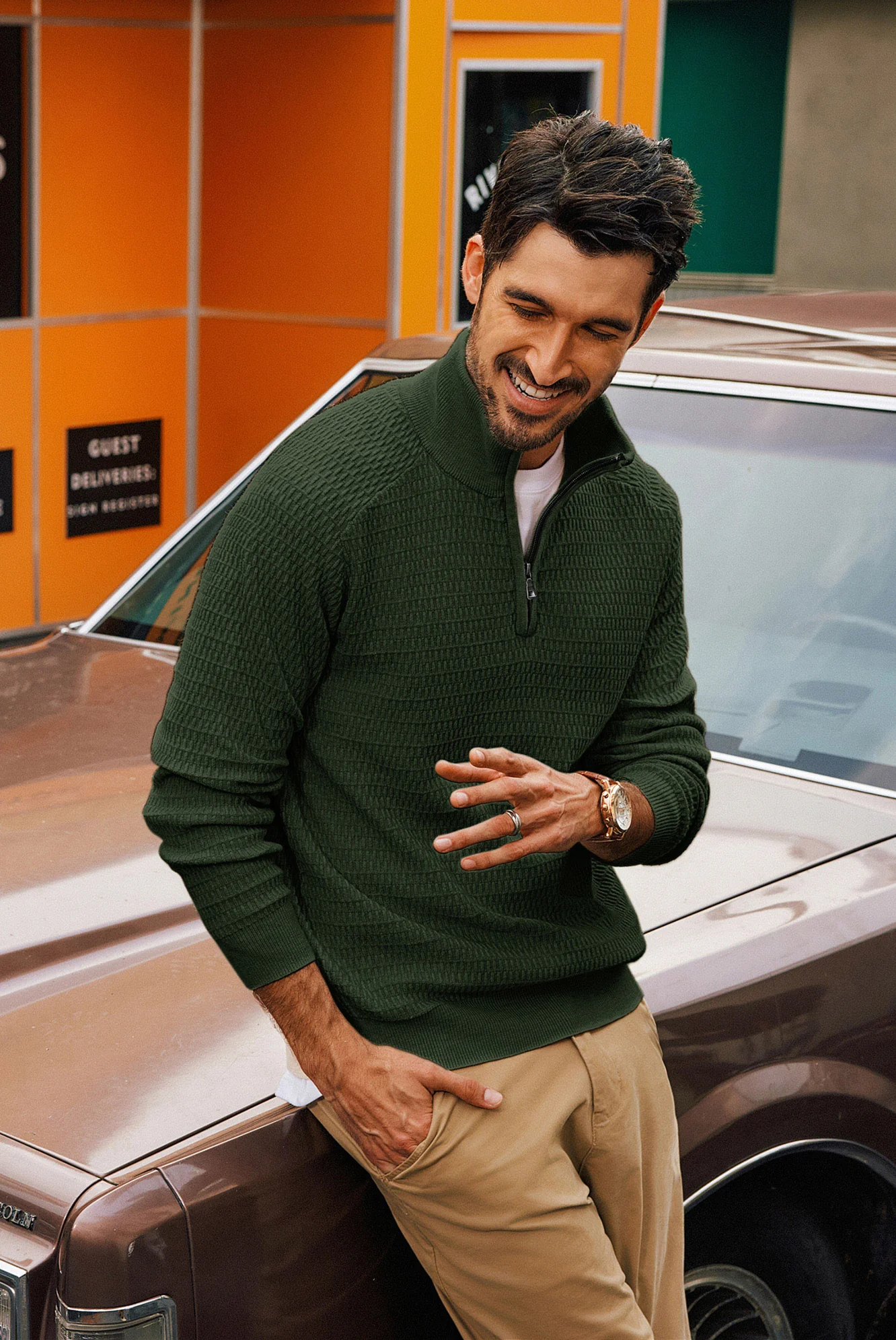 Men Textured Sweater Long Raglan Sleeve Stand Collar Ribbed Cuff Pullover - Image 40