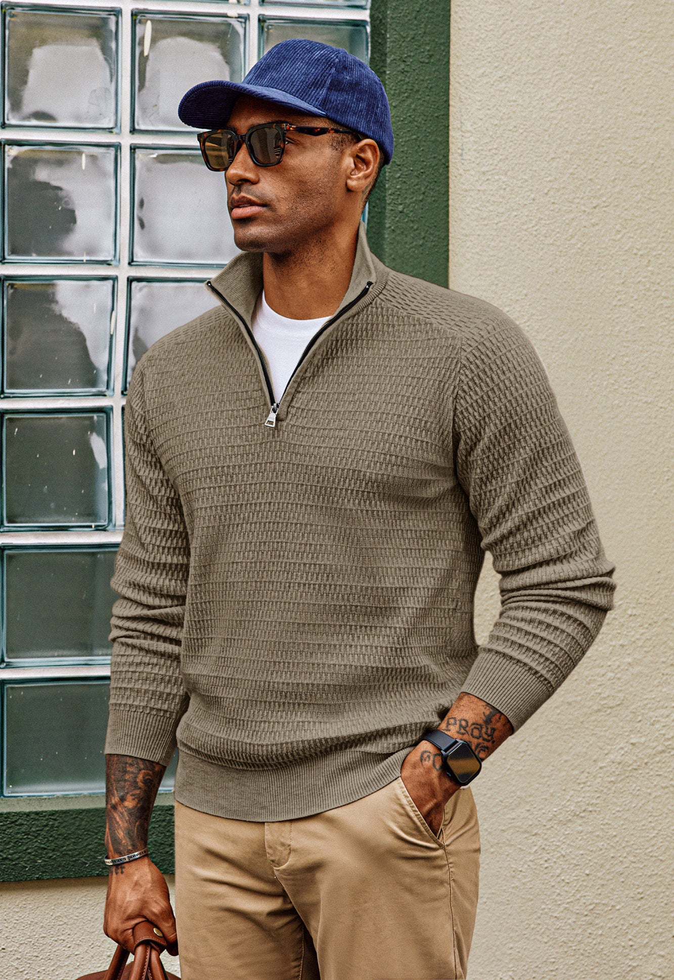 Men Textured Sweater Long Raglan Sleeve Stand Collar Ribbed Cuff Pullover - Image 41