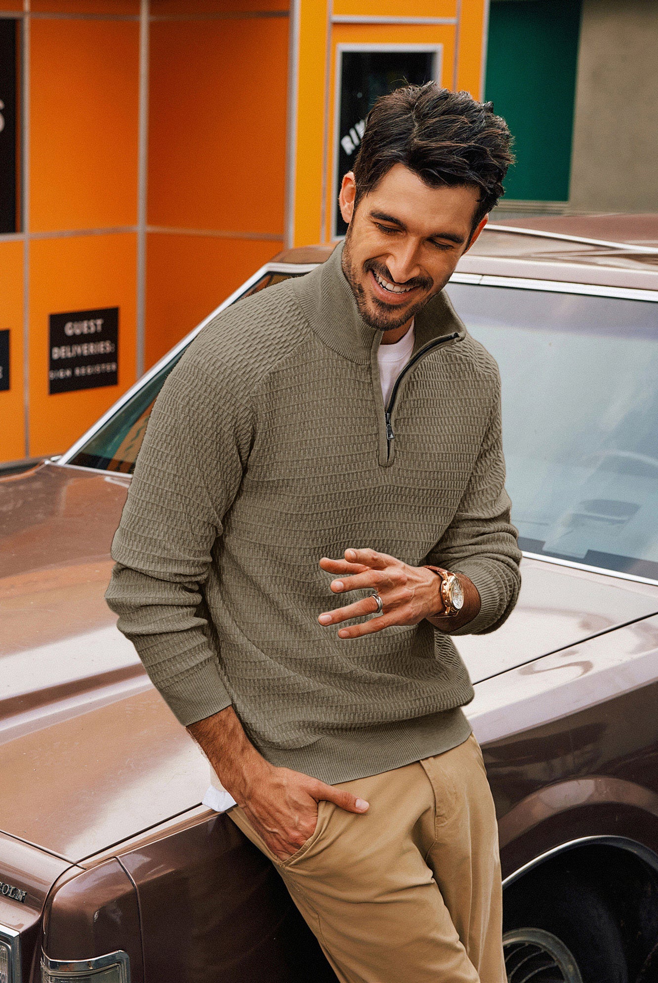 Men Textured Sweater Long Raglan Sleeve Stand Collar Ribbed Cuff Pullover - Image 43