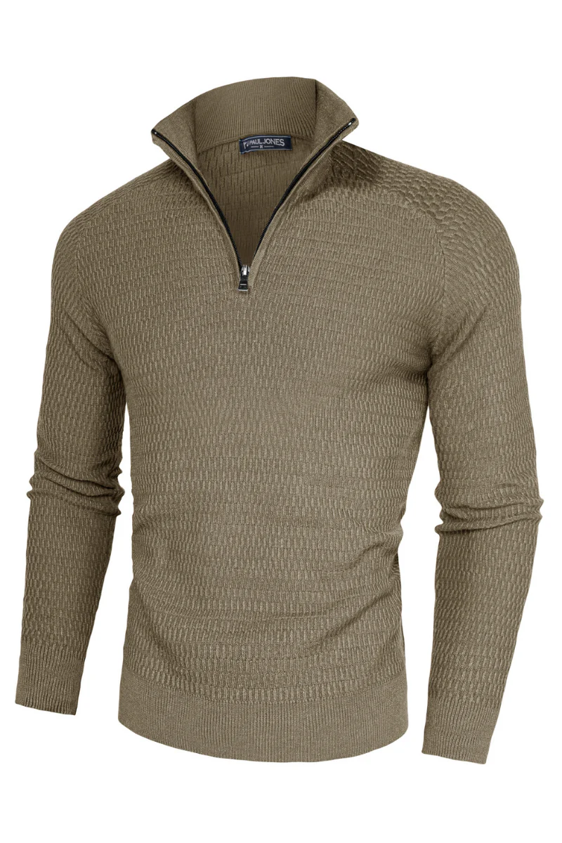 Men Textured Sweater Long Raglan Sleeve Stand Collar Ribbed Cuff Pullover - Image 45