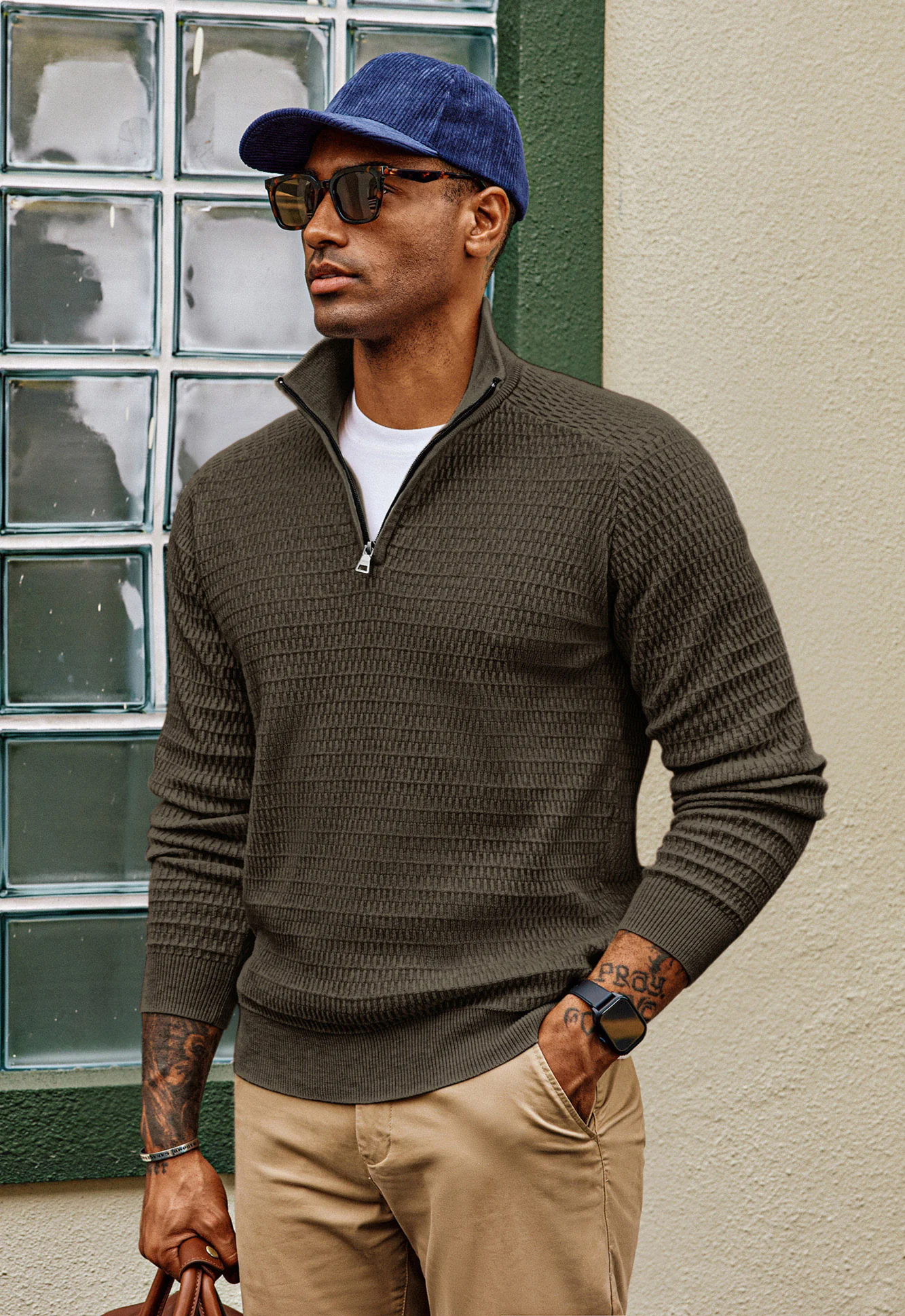 Men Textured Sweater Long Raglan Sleeve Stand Collar Ribbed Cuff Pullover - Image 47