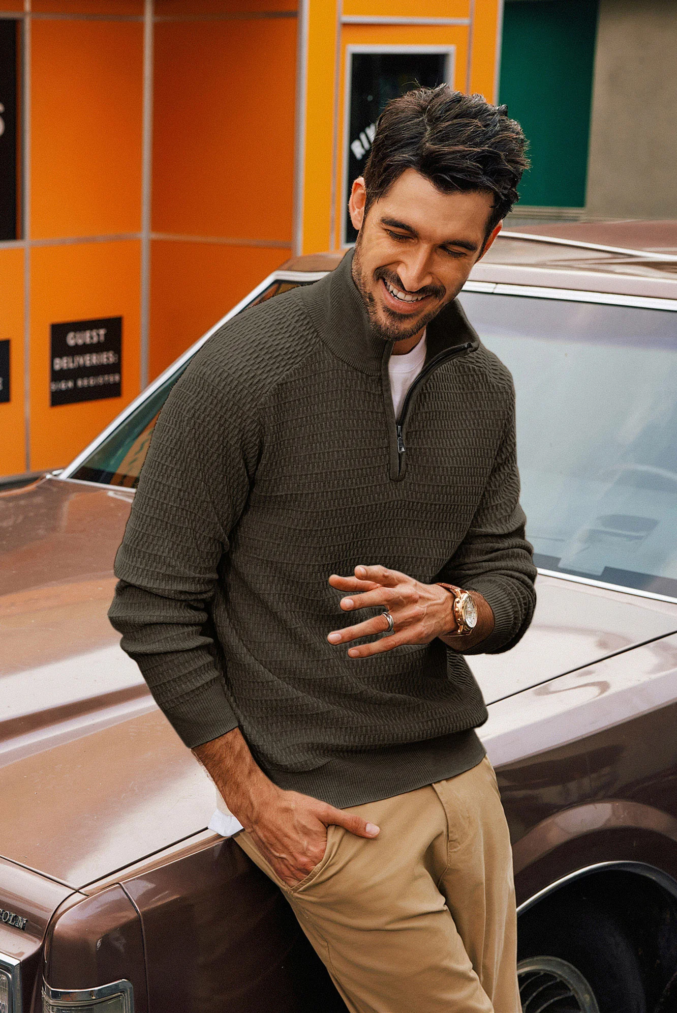 Men Textured Sweater Long Raglan Sleeve Stand Collar Ribbed Cuff Pullover - Image 48