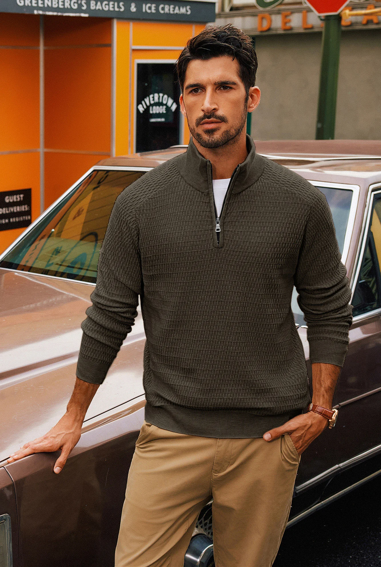Men Textured Sweater Long Raglan Sleeve Stand Collar Ribbed Cuff Pullover - Image 49