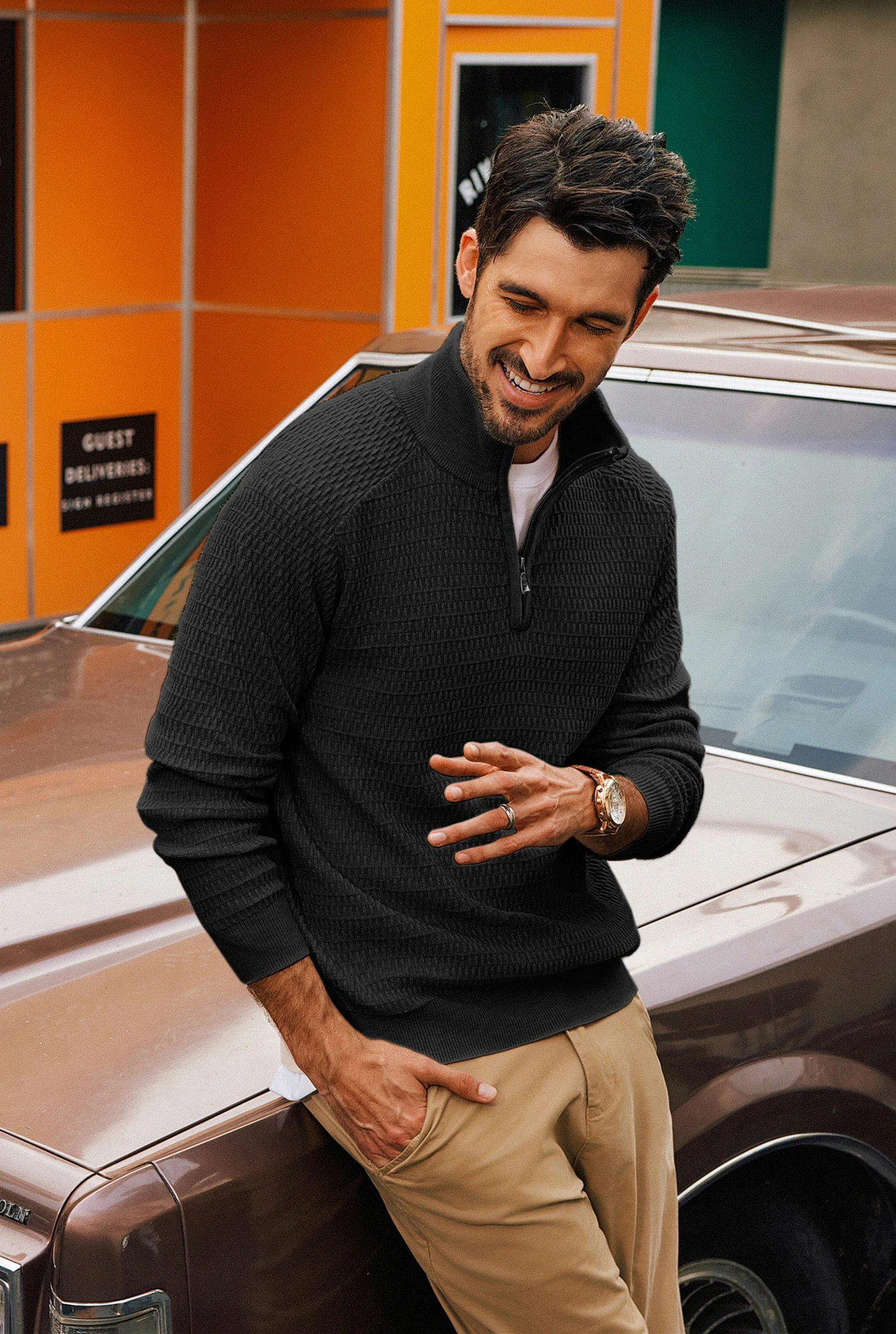 Men Textured Sweater Long Raglan Sleeve Stand Collar Ribbed Cuff Pullover - Image 5