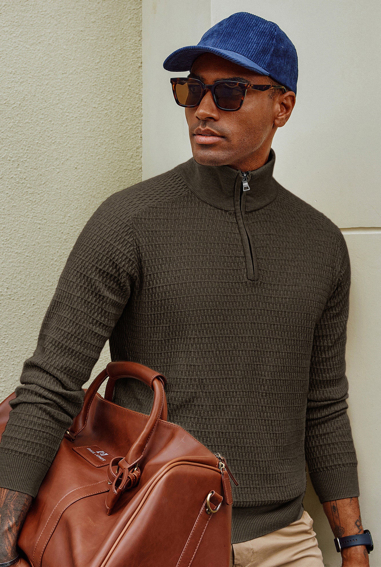 Men Textured Sweater Long Raglan Sleeve Stand Collar Ribbed Cuff Pullover - Image 50